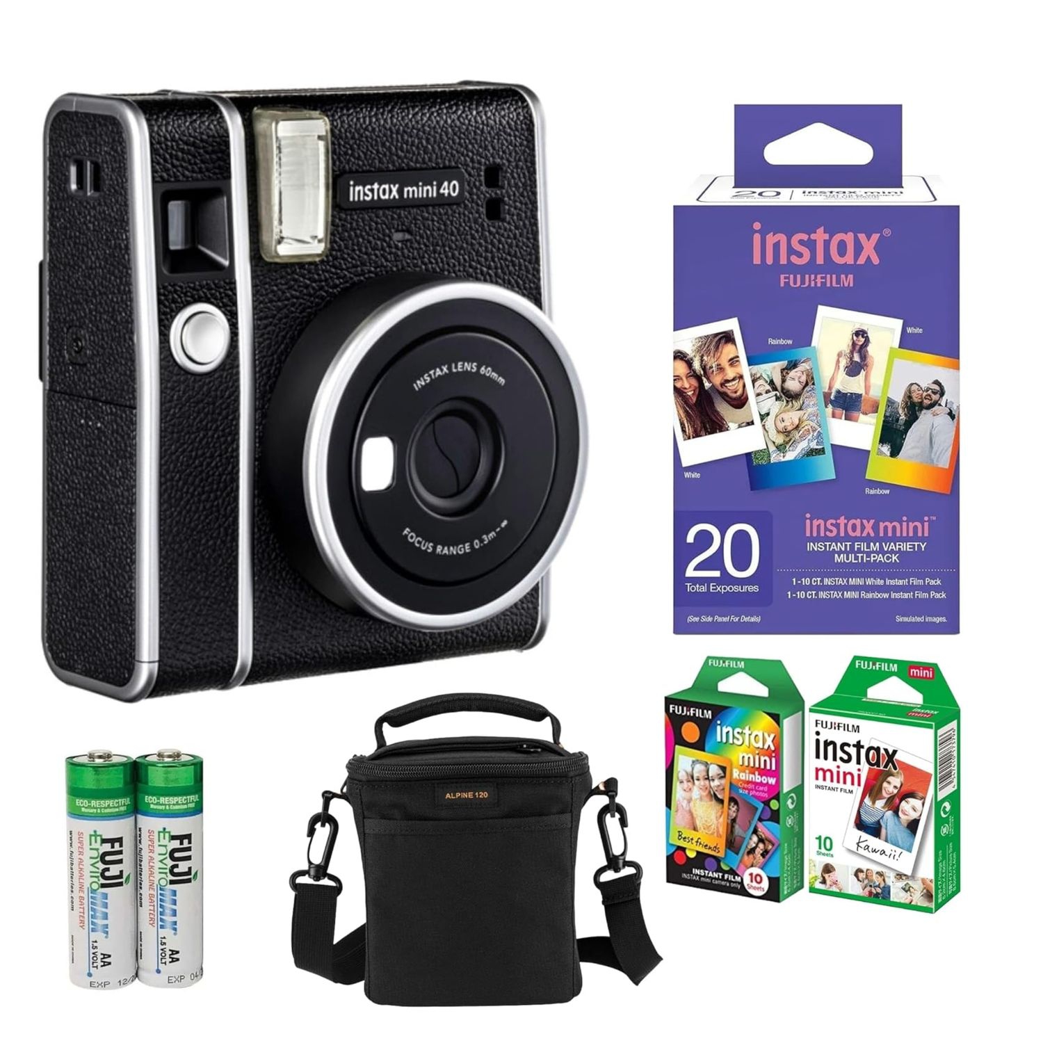 Fujifilm Instax Mini 40 Instant Film Camera, Bundle with Instax Mini Instant Film Variety Value 20 Pack (10x White + 10x Rainbow) + Slinger Multi-Device Shoulder Bag