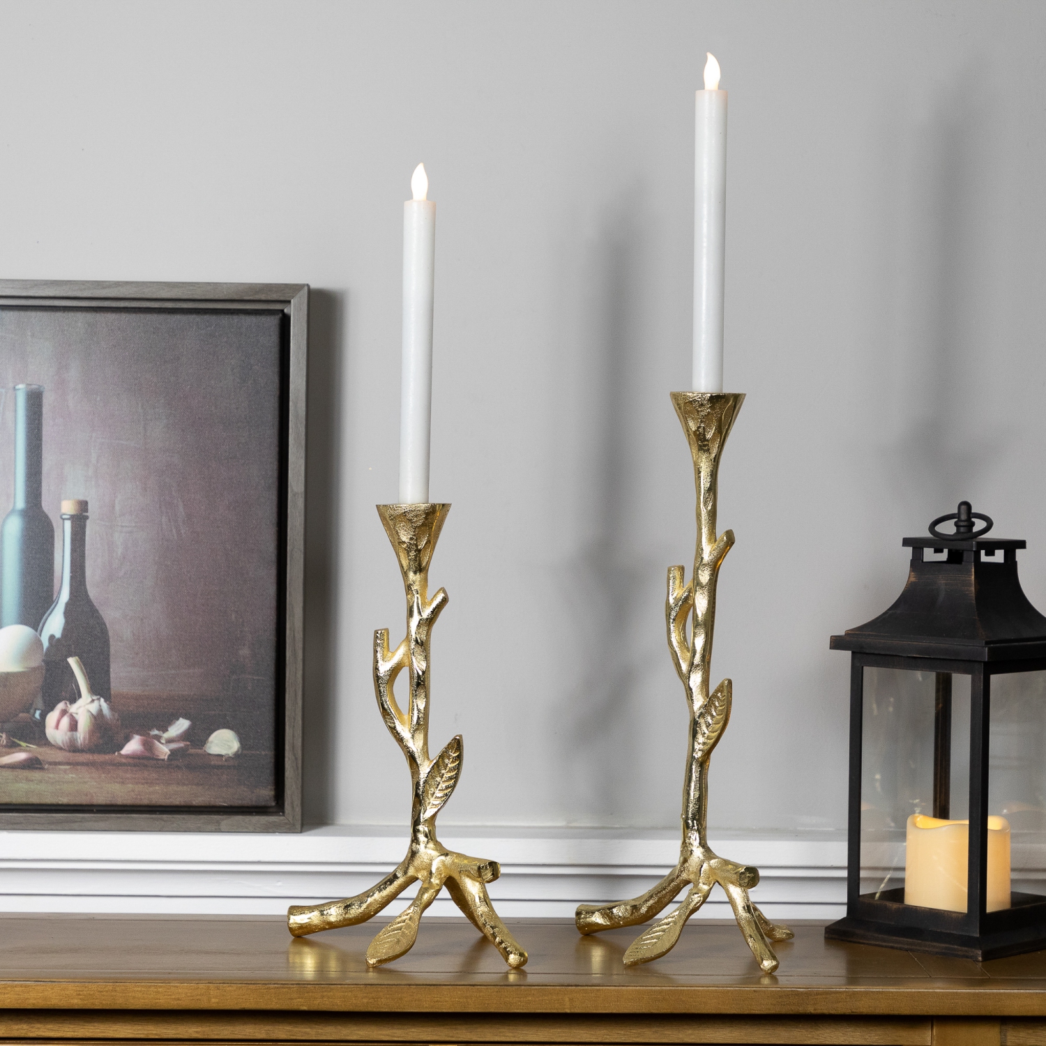 Bougeoirs à branches en métal à feuilles - 15 po - Doré - Ensemble de 2