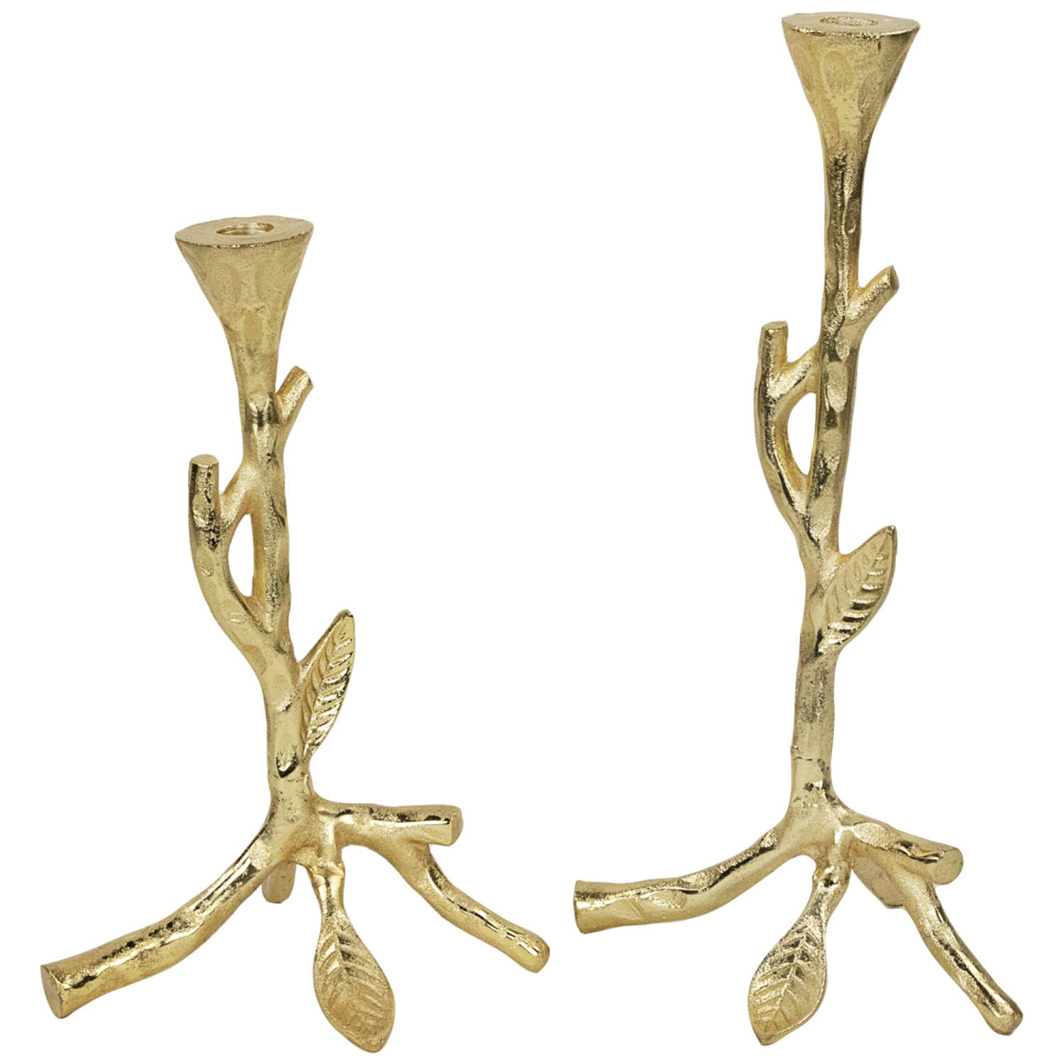 Bougeoirs à branches en métal à feuilles - 15 po - Doré - Ensemble de 2