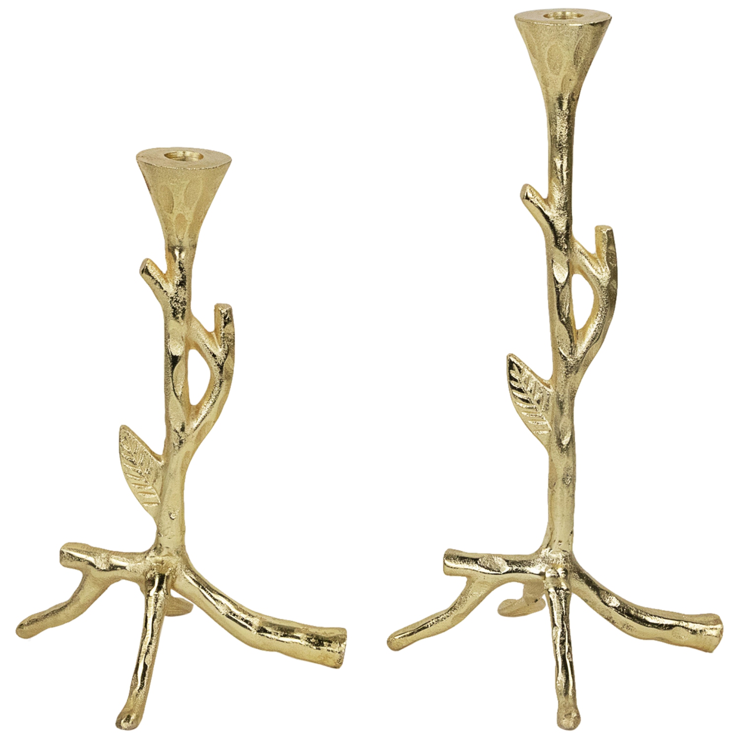 Bougeoirs à branches en métal à feuilles - 15 po - Doré - Ensemble de 2