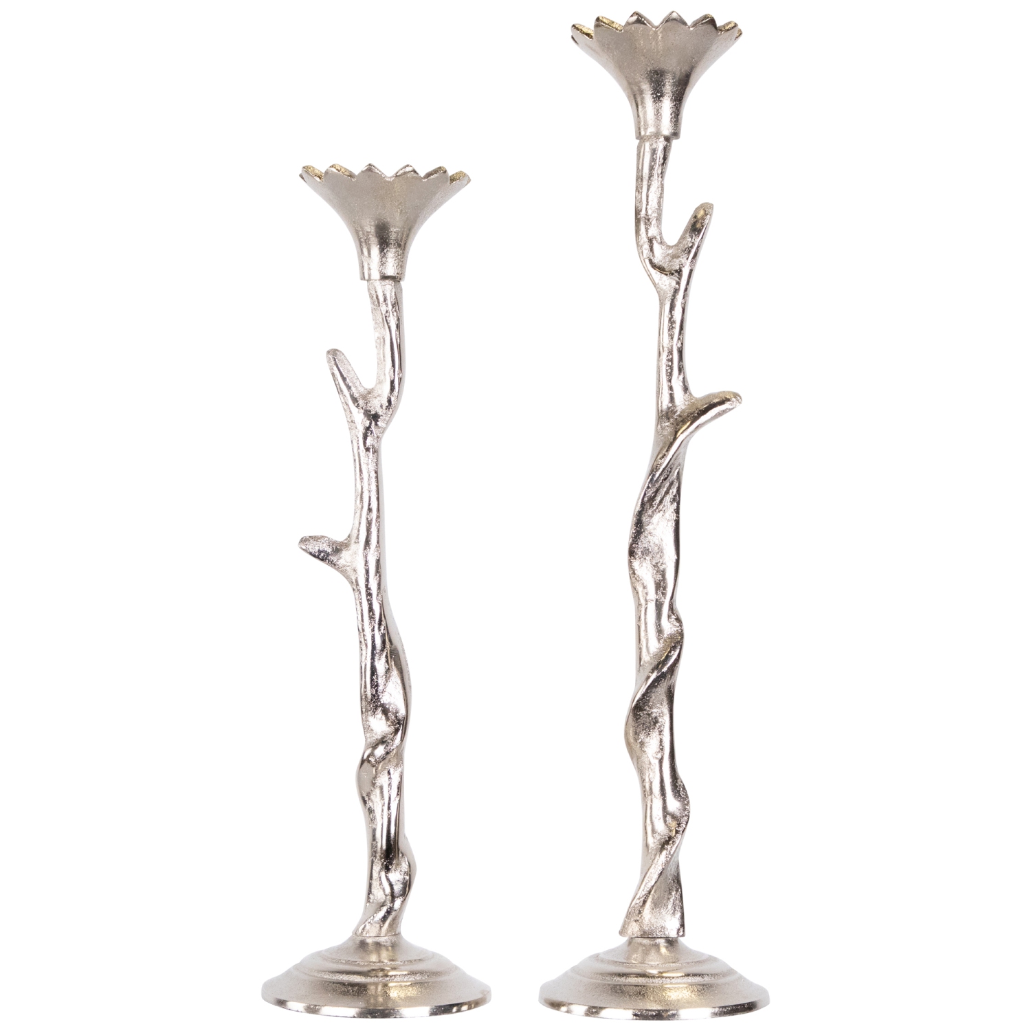 Bougeoirs fuselés en métal à motif floral - 16 po - fini argenté - Ensemble de 2