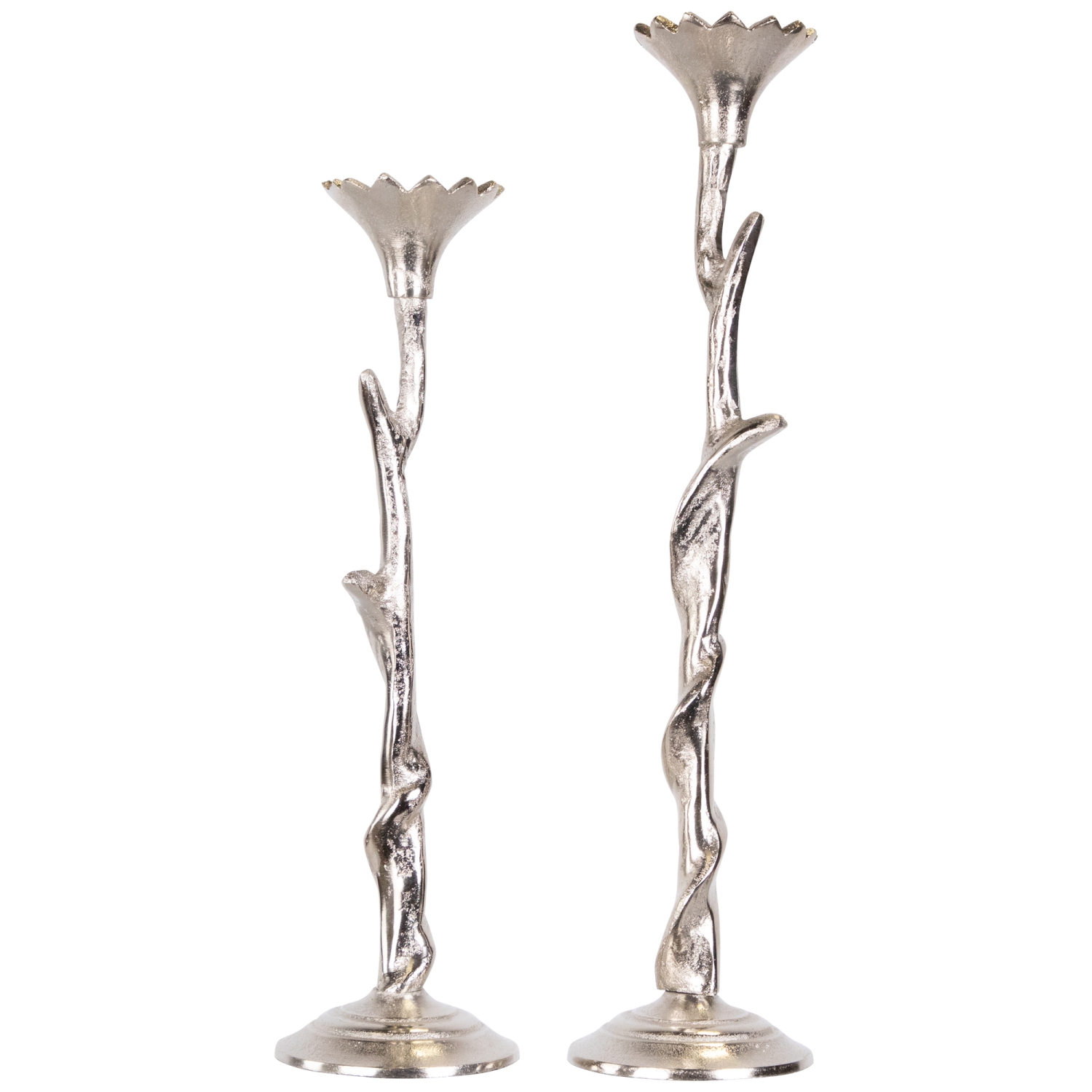 Bougeoirs fuselés en métal à motif floral - 16 po - fini argenté - Ensemble de 2