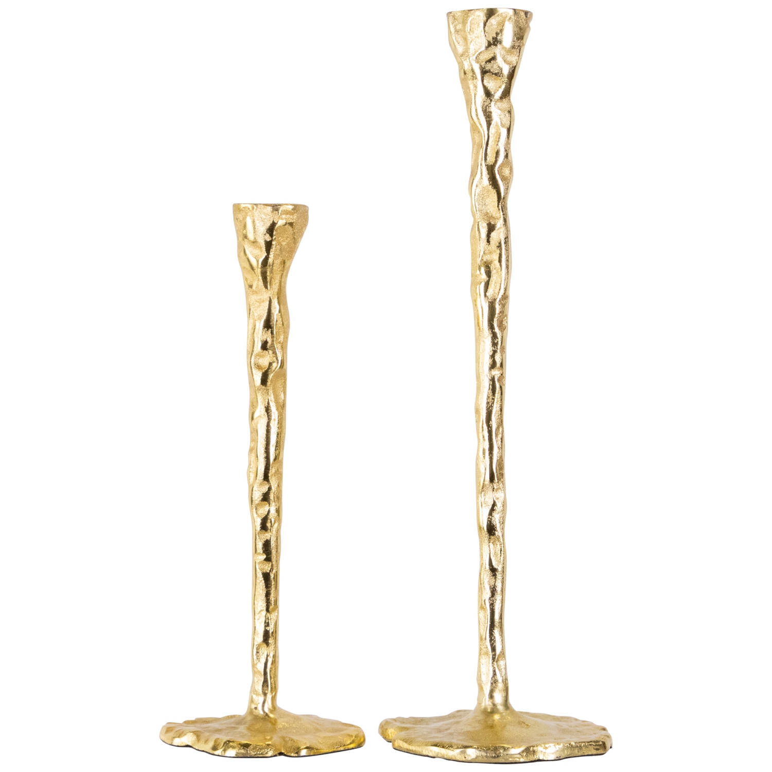 Porte-bougie fine texturé en métal avec base Lily Pad - 16 po - Doré - Ensemble de 2