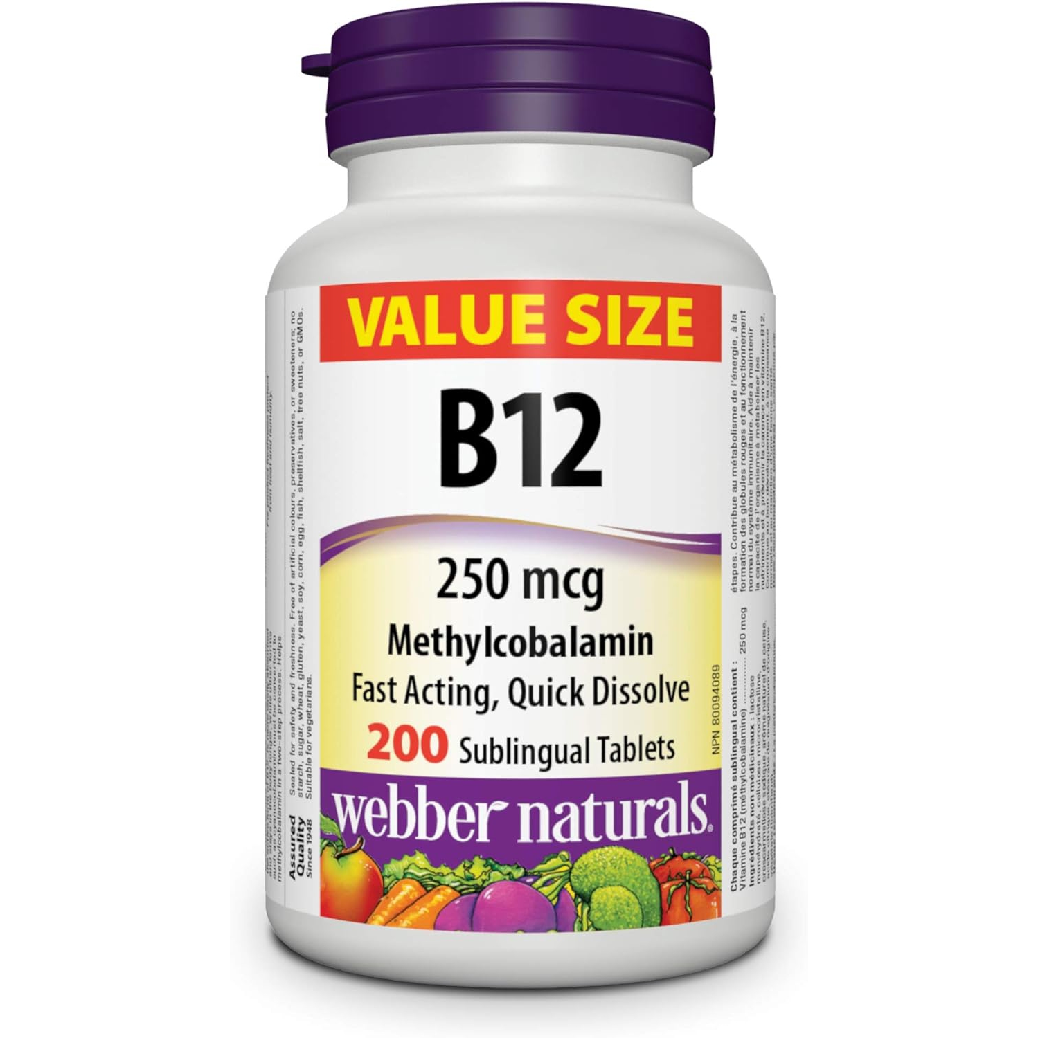 Webber Naturals Vitamin B12 250 mcg, Quick Dissolve, 200 Tablets, Natural Cherry Flavour, Supports Energy Production and Metabolism