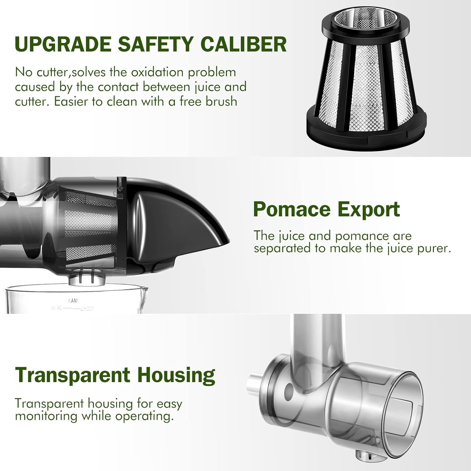 Masticating Juicer Machines, AMZCHEF Slow Cold Press Juicer with Reverse Function, High Juice Yield, Easy Clean with Brush,Recipes for High Nutrient