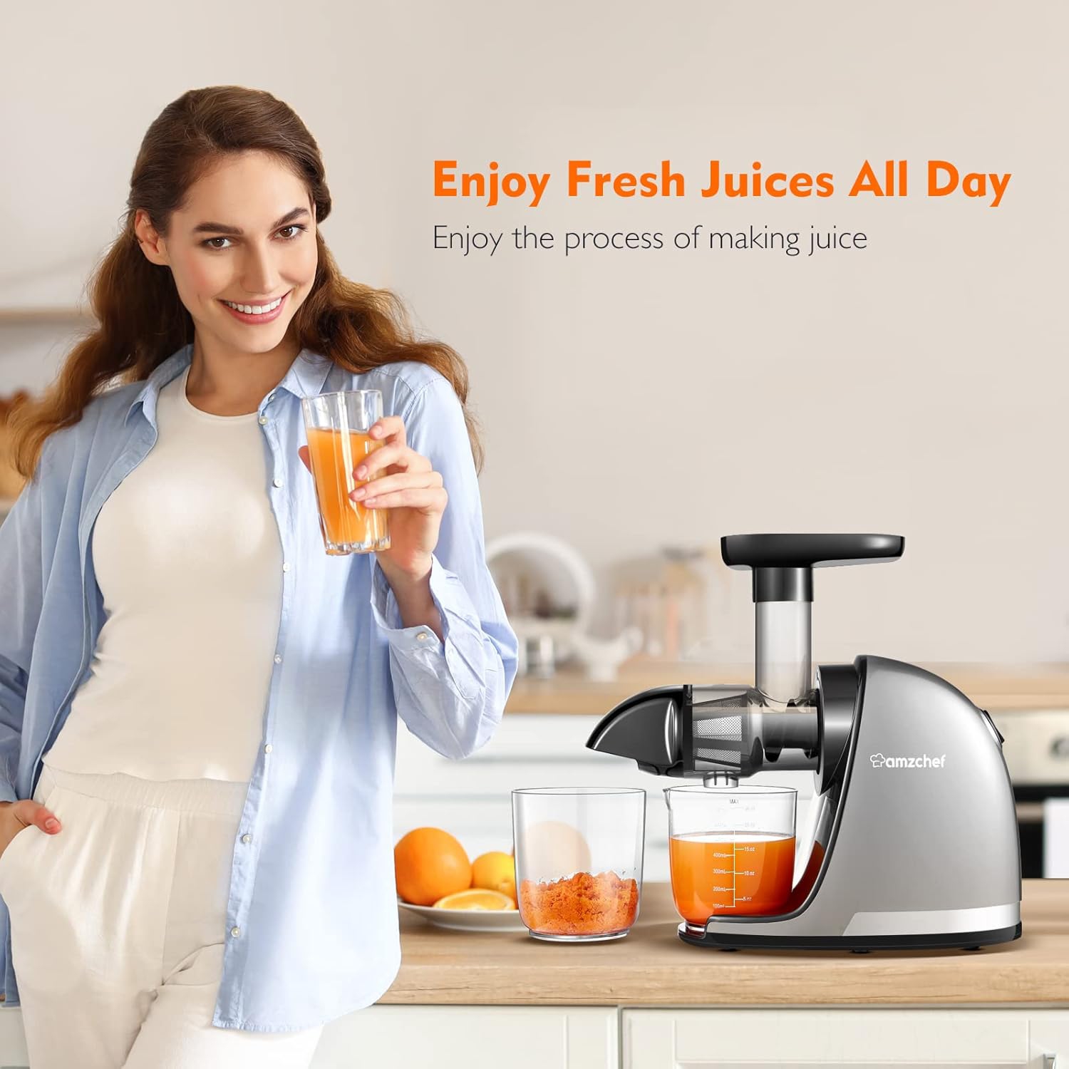 Masticating Juicer Machines, AMZCHEF Slow Cold Press Juicer with Reverse Function, High Juice Yield, Easy Clean with Brush,Recipes for High Nutrient