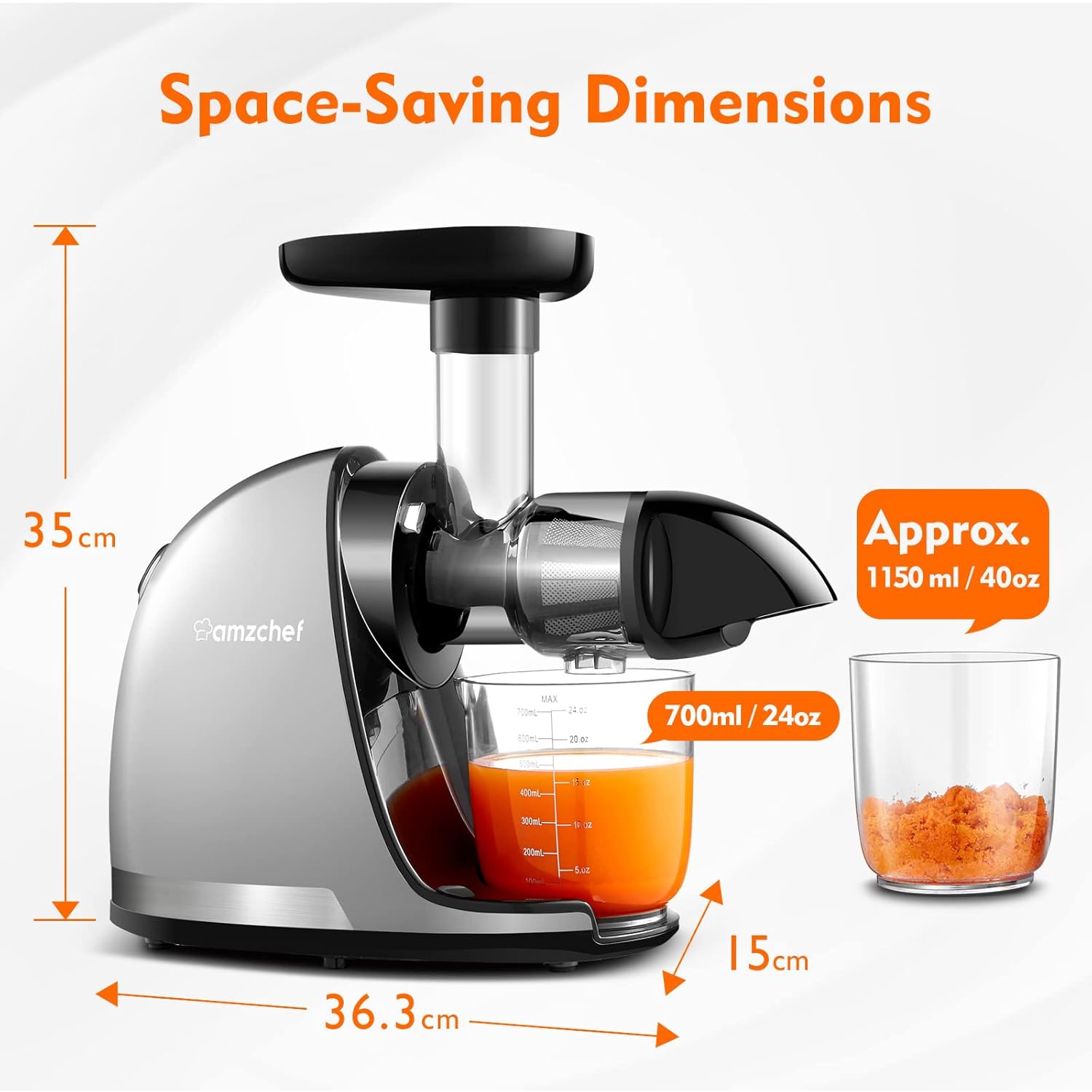 Masticating Juicer Machines, AMZCHEF Slow Cold Press Juicer with Reverse Function, High Juice Yield, Easy Clean with Brush,Recipes for High Nutrient