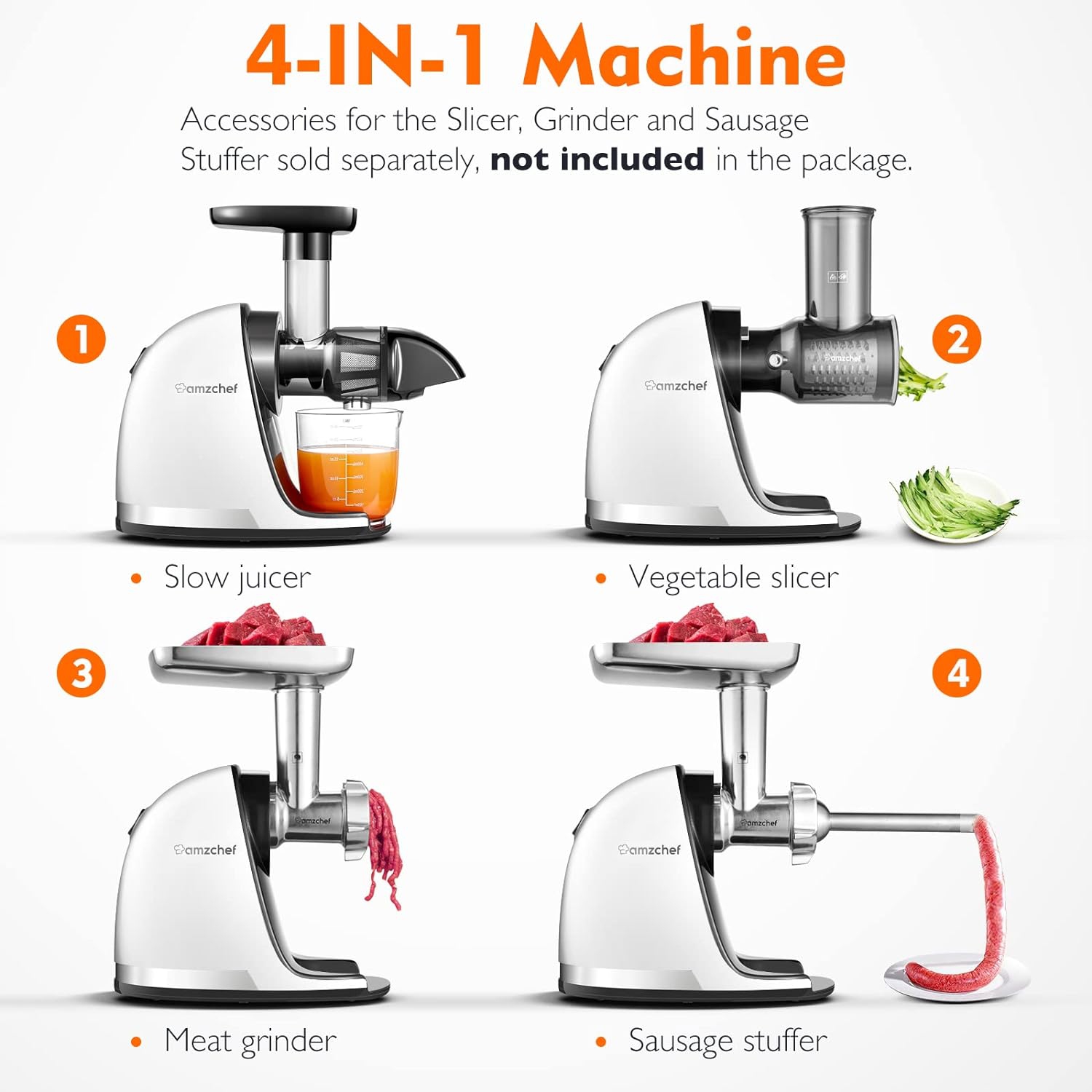 Masticating Juicer Machines, AMZCHEF Slow Cold Press Juicer with Reverse Function, High Juice Yield, Easy Clean with Brush,Recipes for High Nutrient