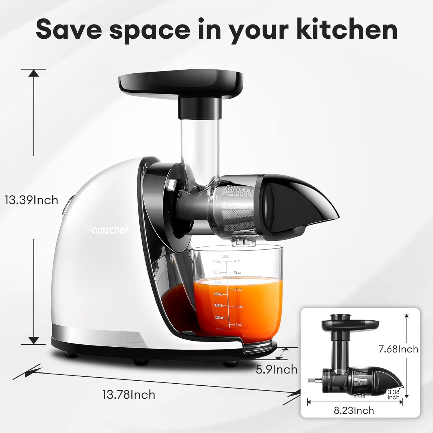 Masticating Juicer Machines, AMZCHEF Slow Cold Press Juicer with Reverse Function, High Juice Yield, Easy Clean with Brush,Recipes for High Nutrient