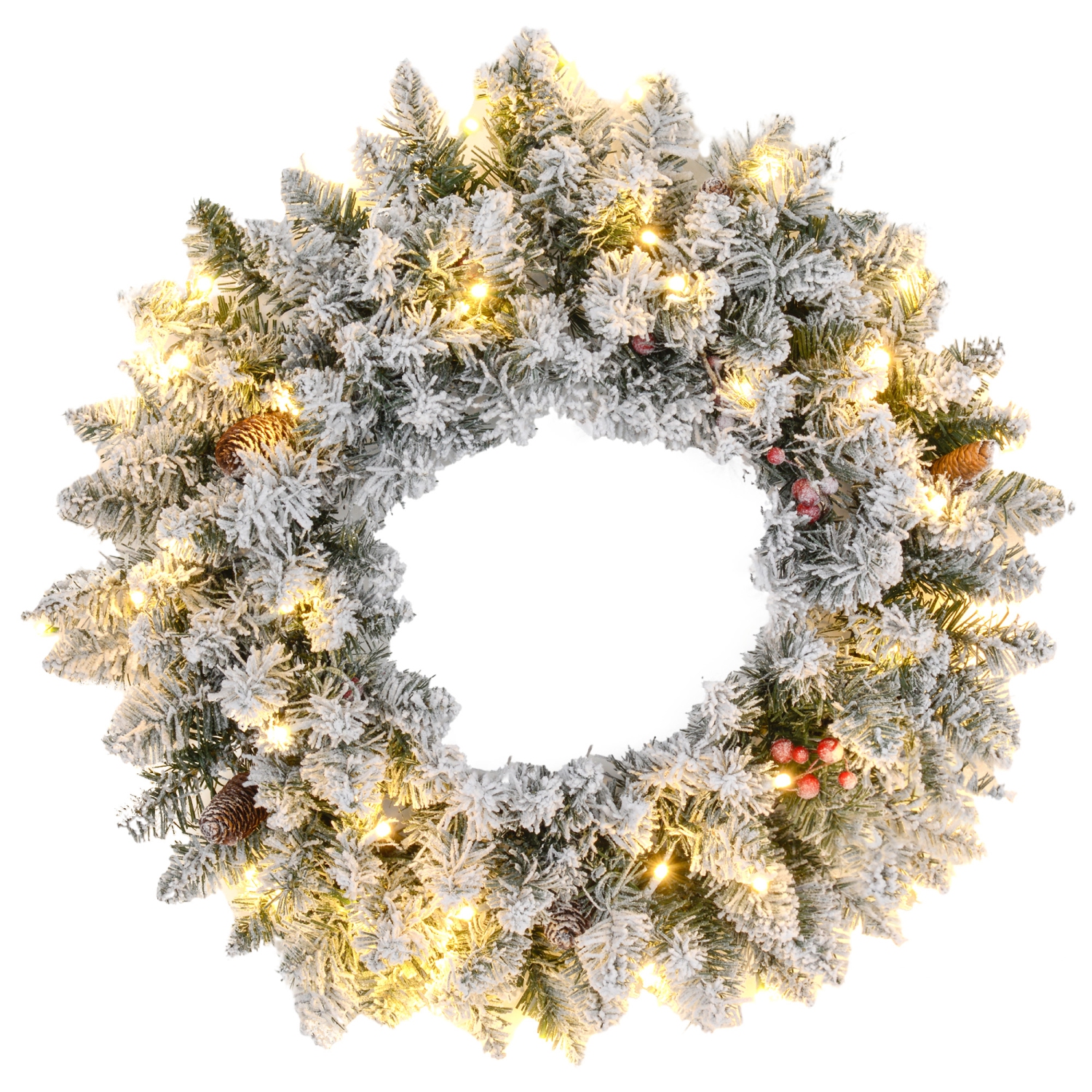 HOMCOM 24 Inch Pre-Lit Christmas Wreath for Front Door with LED Lights, Pine Cones and Red Berries, Flocked Winter Wreath for Windows, Wall Decoration, Green