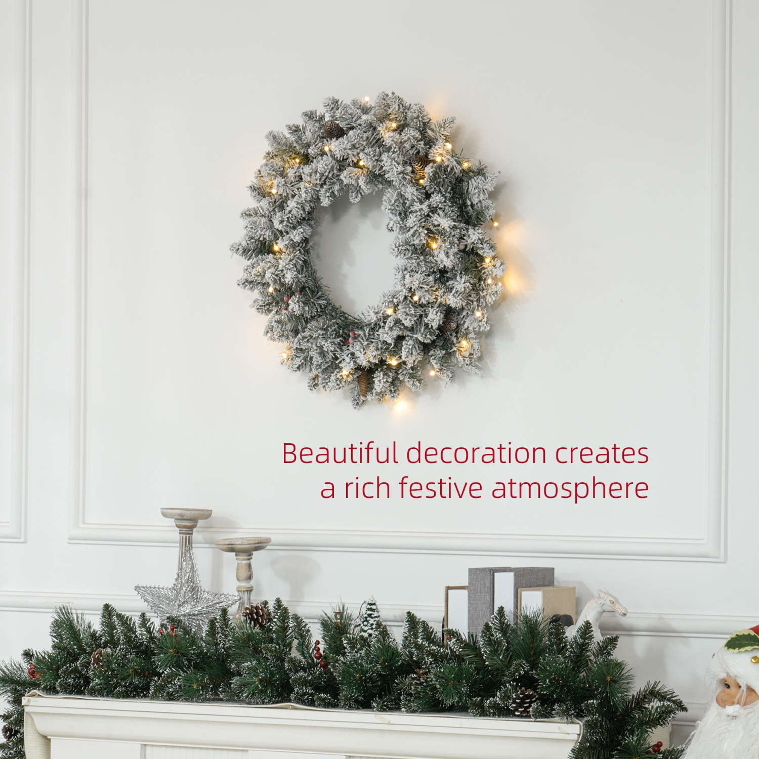 HOMCOM 24 Inch Pre-Lit Christmas Wreath for Front Door with LED Lights, Pine Cones and Berries, Flocked Winter Wreath for Windows, Wall Decoration,