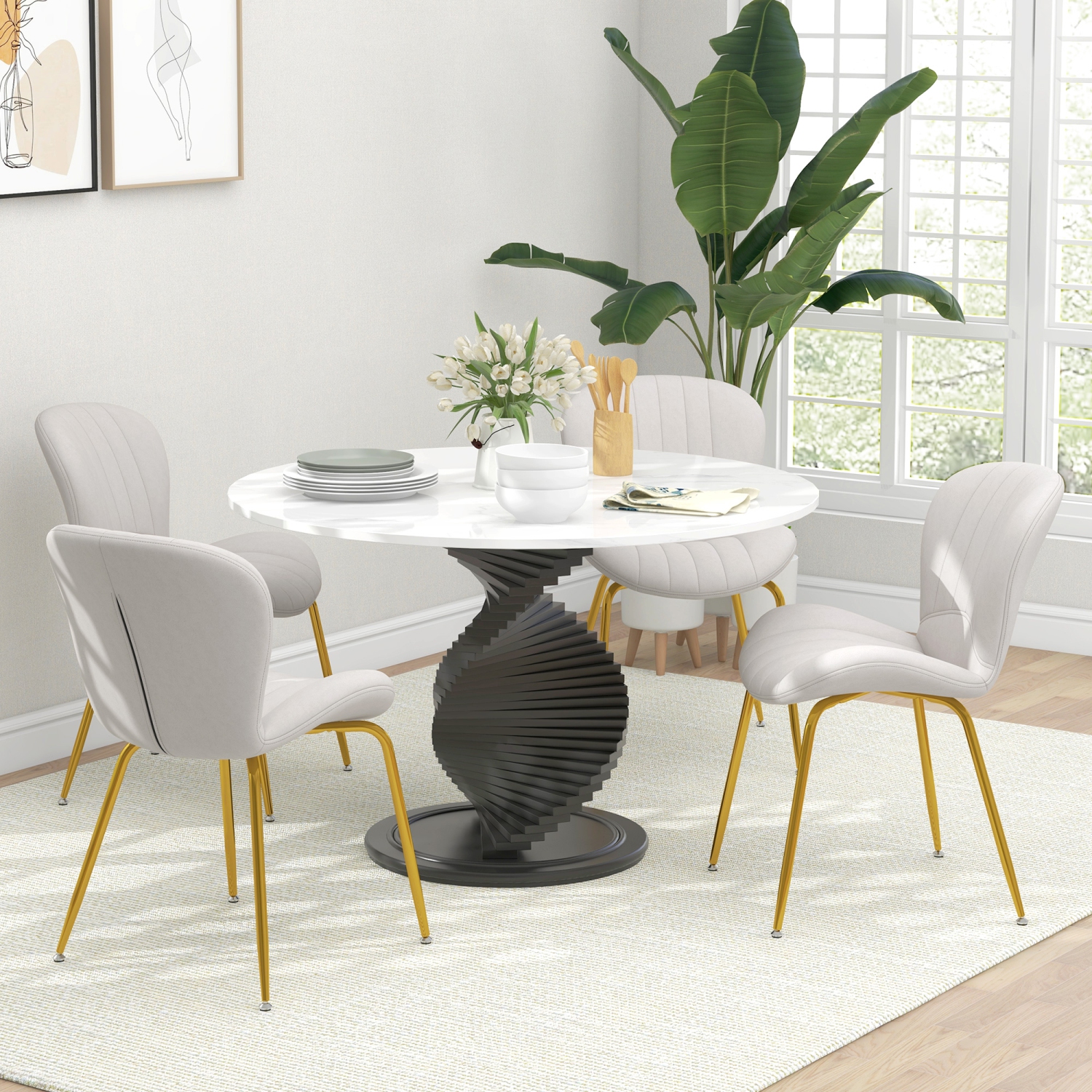 HOMCOM Upholstered Dining Chairs Set of 4, Modern Kitchen Chairs, Armless Accent Chairs with Backrest, Padded Seat and Steel Gold Legs, Cream White