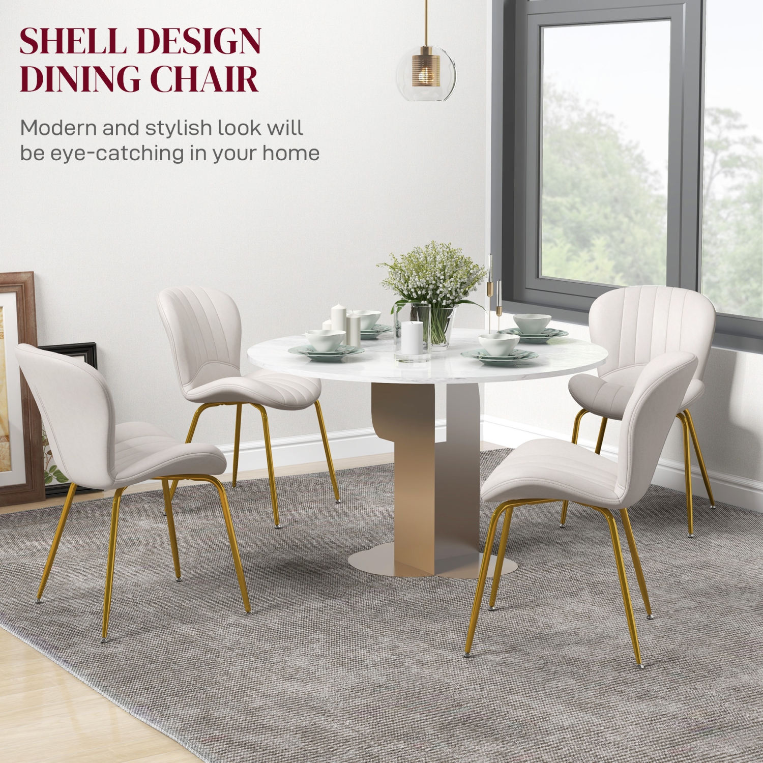 HOMCOM Upholstered Dining Chairs Set of 4, Modern Kitchen Chairs, Armless Accent Chairs with Backrest, Padded Seat and Steel Gold Legs, Cream White