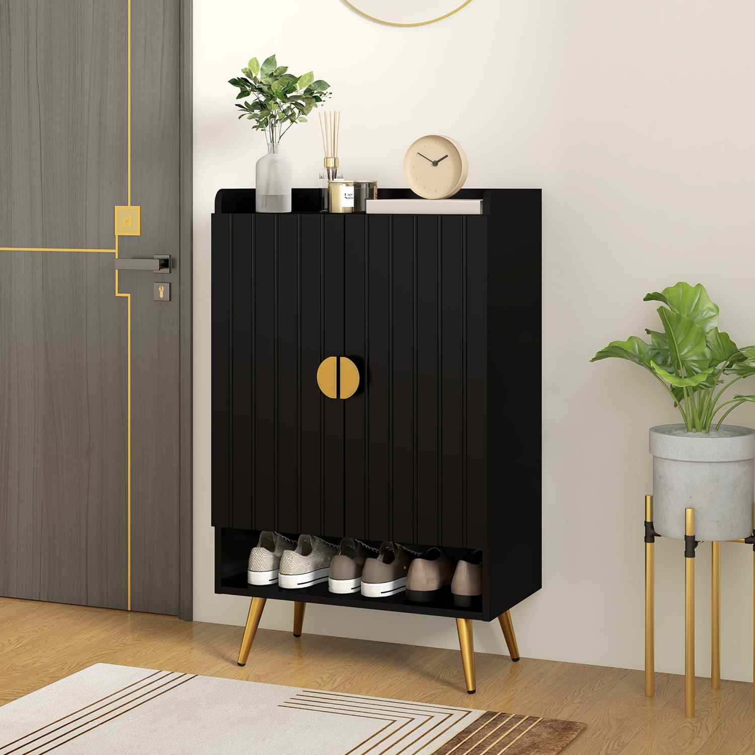 HOMCOM Narrow Shoe Cabinet for Entryway, Shoe Storage Cabinet with 2 Doors, Adjustable Shelves, Open Compartment and Steel Legs for Hallway, Living