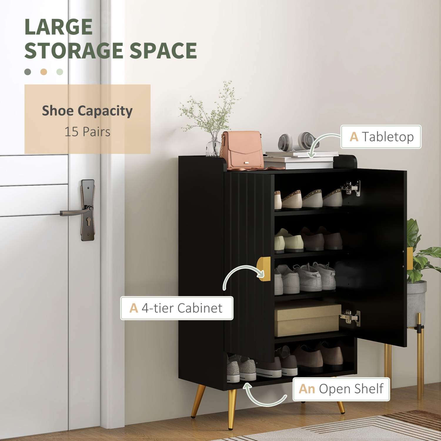 HOMCOM Narrow Shoe Cabinet for Entryway, Shoe Storage Cabinet with 2 Doors, Adjustable Shelves, Open Compartment and Steel Legs for Hallway, Living