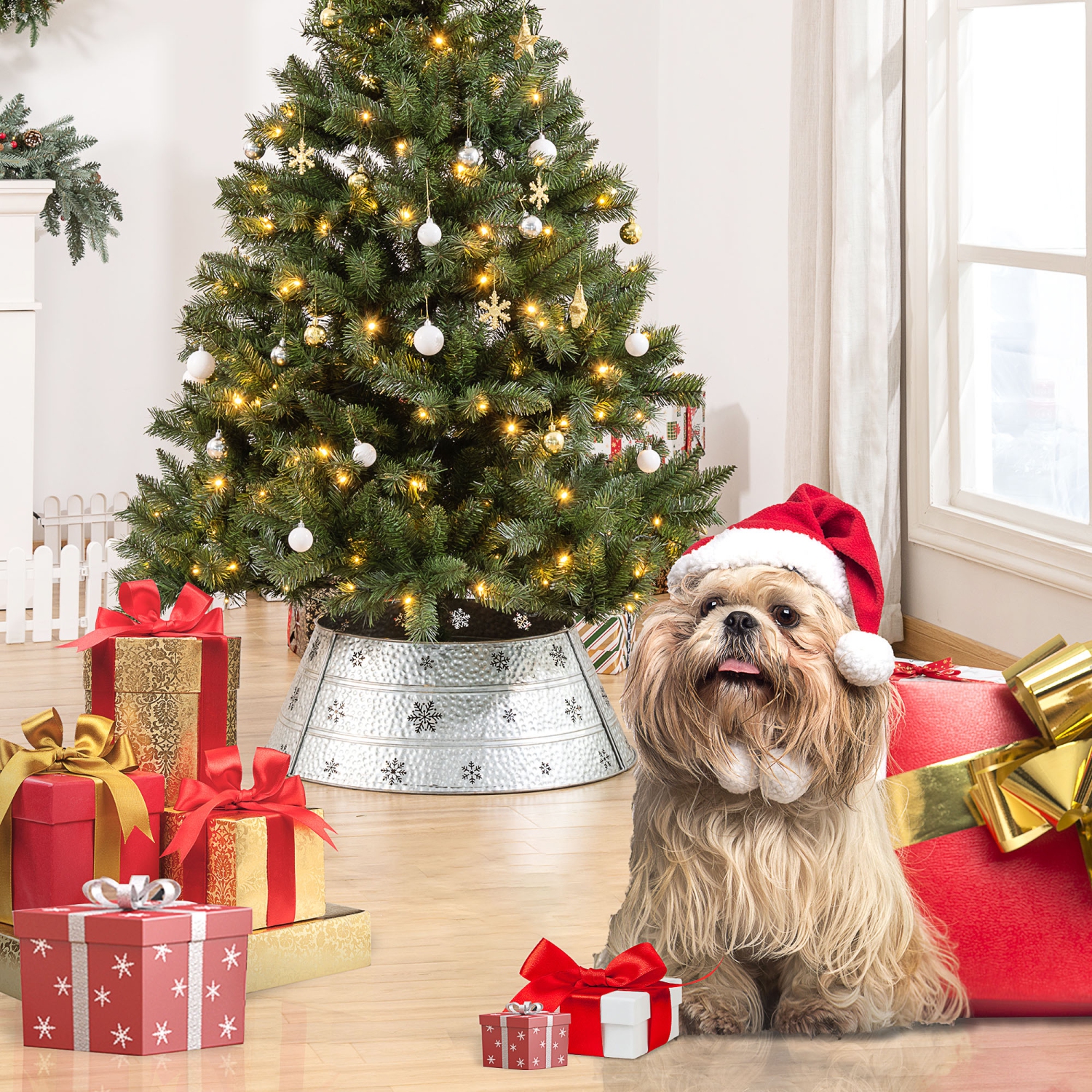 HOMCOM Christmas Tree Collar, 26" Christmas Tree Base Cover with Hollow Snowflake Patterns, Xmas Decoration for Party, Holiday, Home, Silver