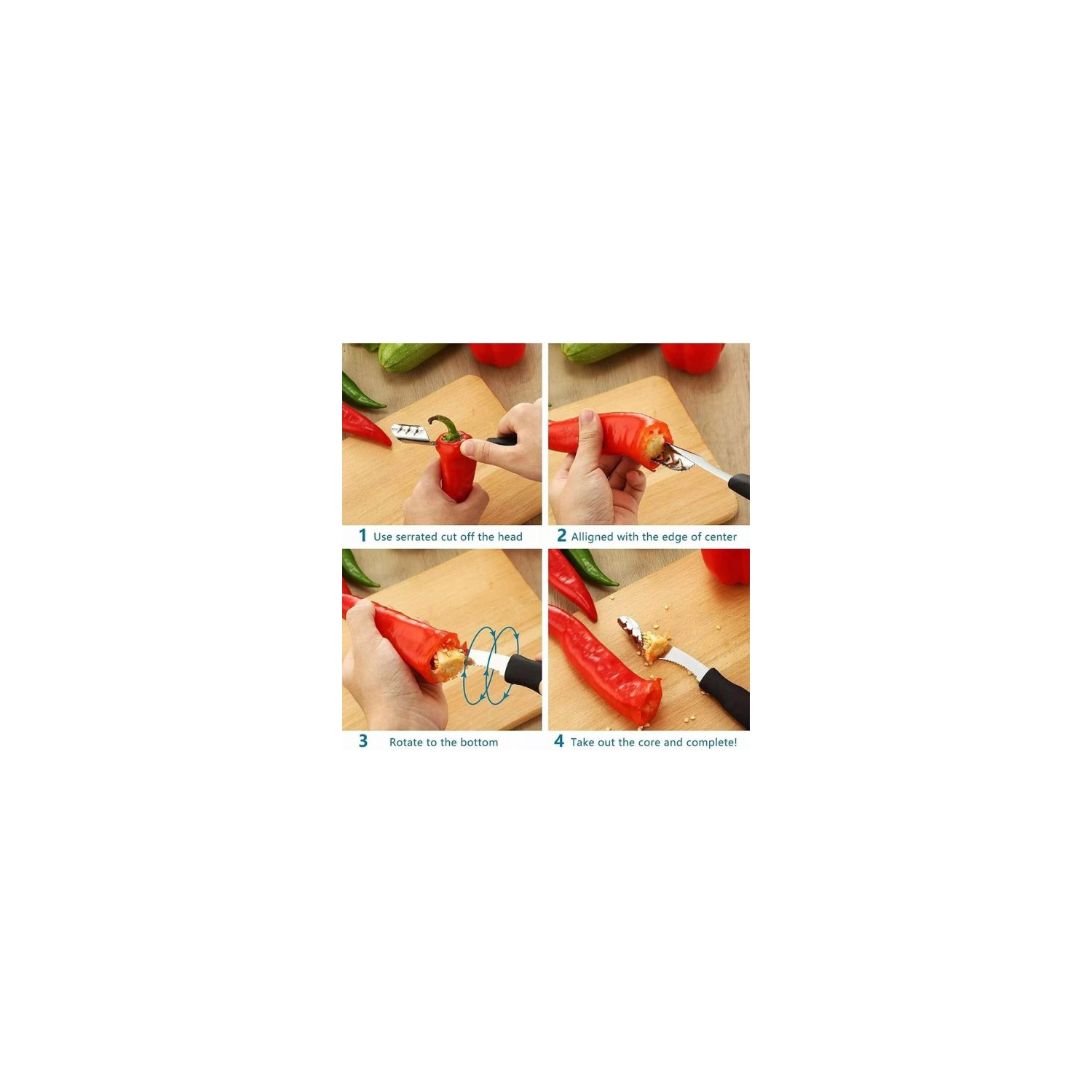 Pepper Corer, Pepper Cutter Coer Slicer tranchant dentelé en acier inoxydable, sécuritaire, confortable à contrôler pour découper les poivrons et