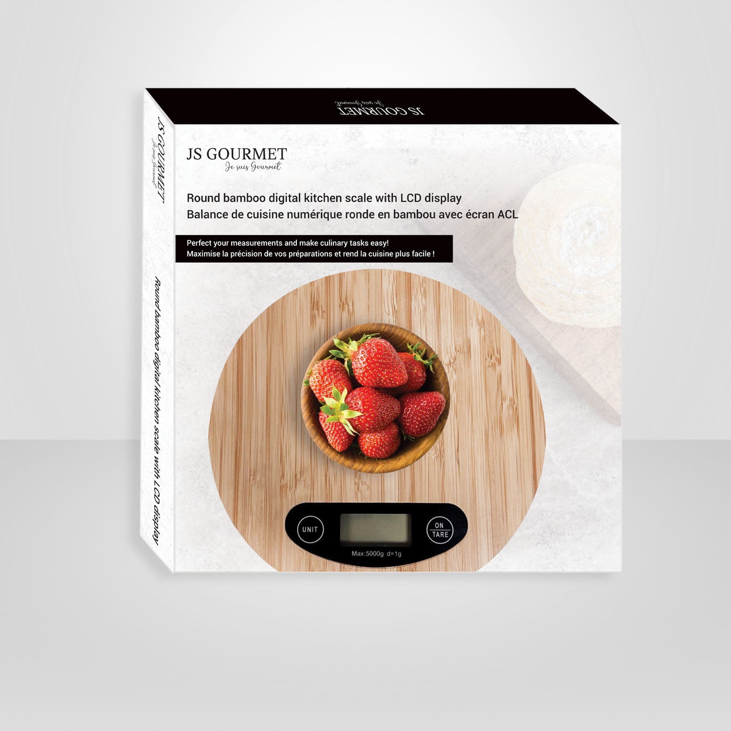 JS Gourmet - Round Digital Kitchen Scale with LCD Display, Made of Bamboo