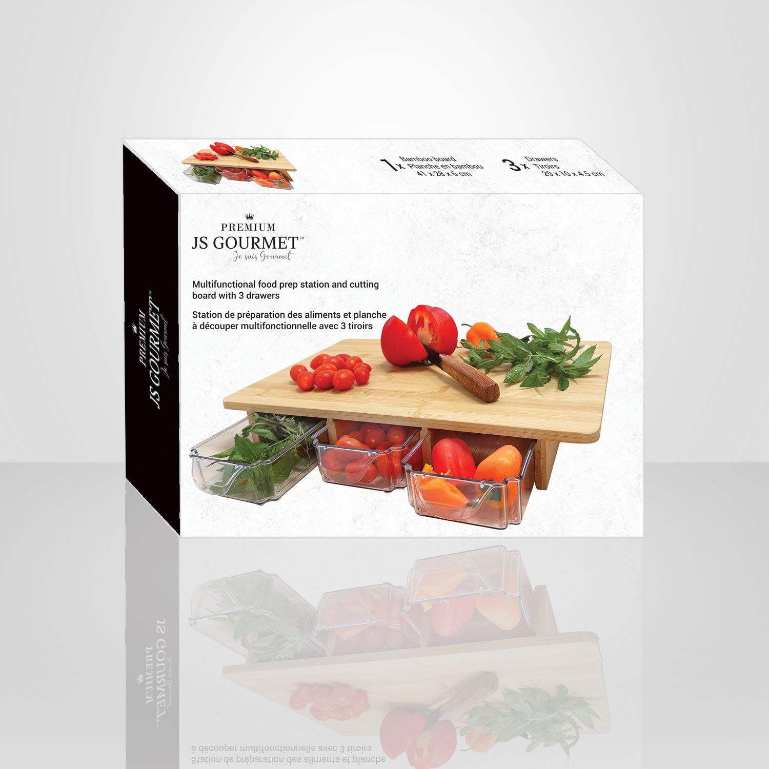 JS Gourmet – planche à découper en bambou avec 3 tiroirs coulissants