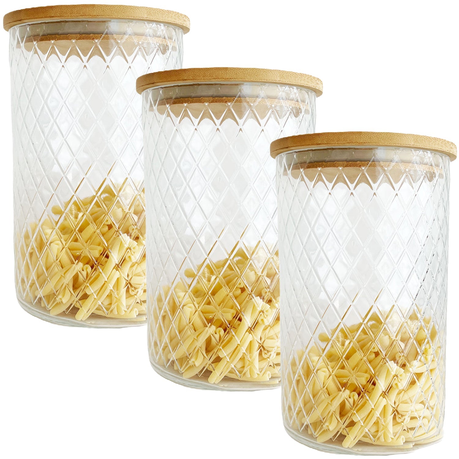 JS Gourmet - Set of 3 Embossed Glass Containers with Airtight Lid, 1500ml Capacity