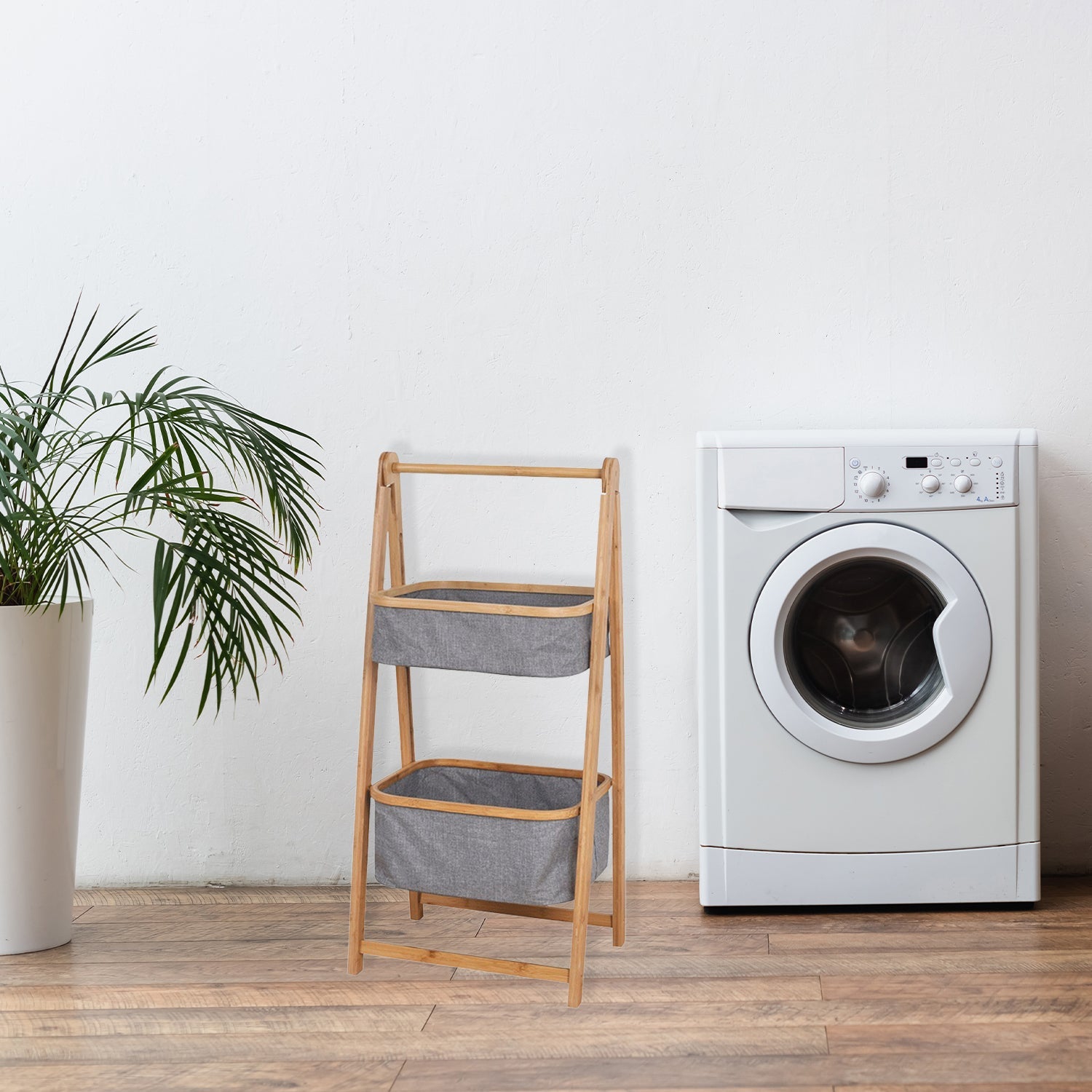 Jessar – panier à linge à 2 niveaux, cadre en bambou, gris