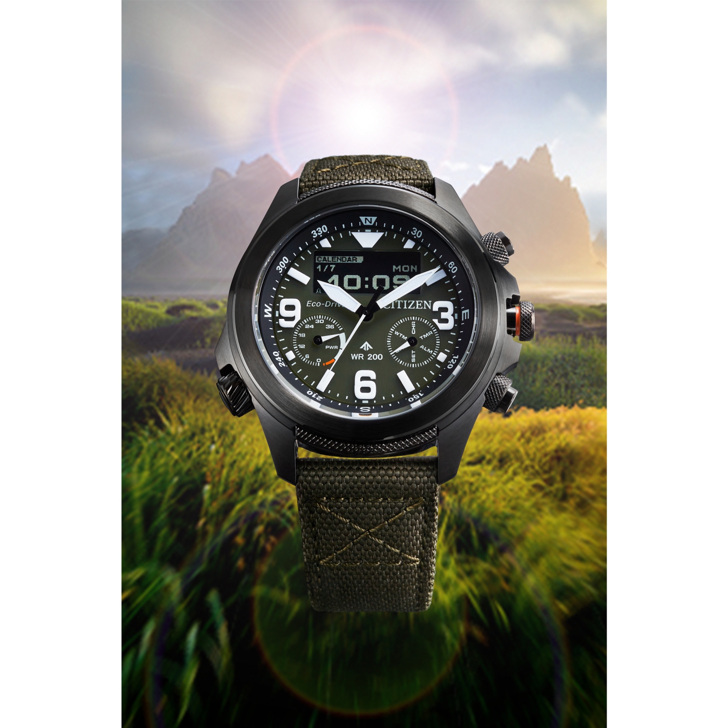 Montre pour hommes Promaster Land Eco-Drive de Citizen avec boîtier en inox gris 43,9&nbsp;mm et bracelet en CORDUURA® vert avec cadran vert