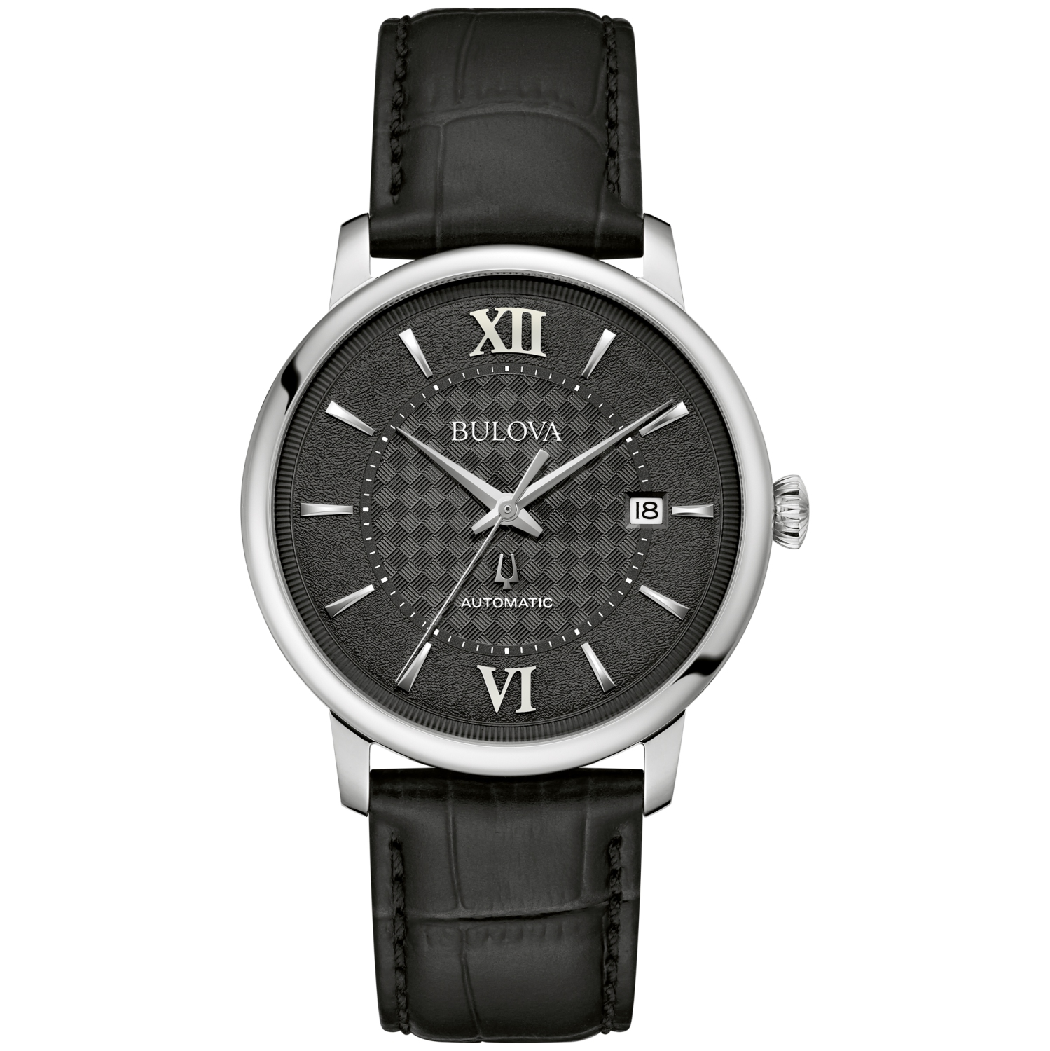 Bulova Mens Hudson Automatic Watch 39mm Silver-Tone Stainless Steel Case Black Leather Strap with Black Dial