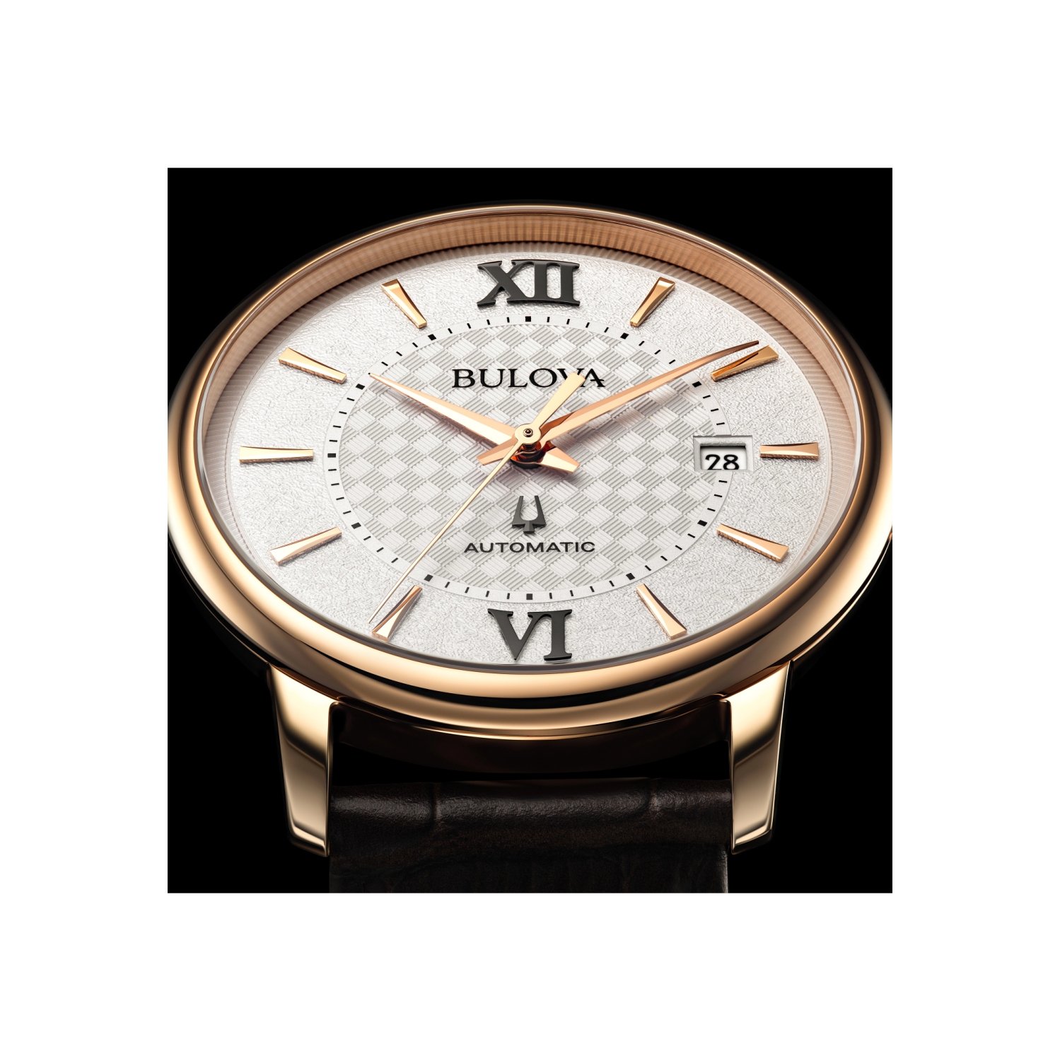 Montre automatique Hudson de Bulova, boîtier inox rose doré/bracelet cuir brun et cadran arg-blanc 39&nbsp;mm