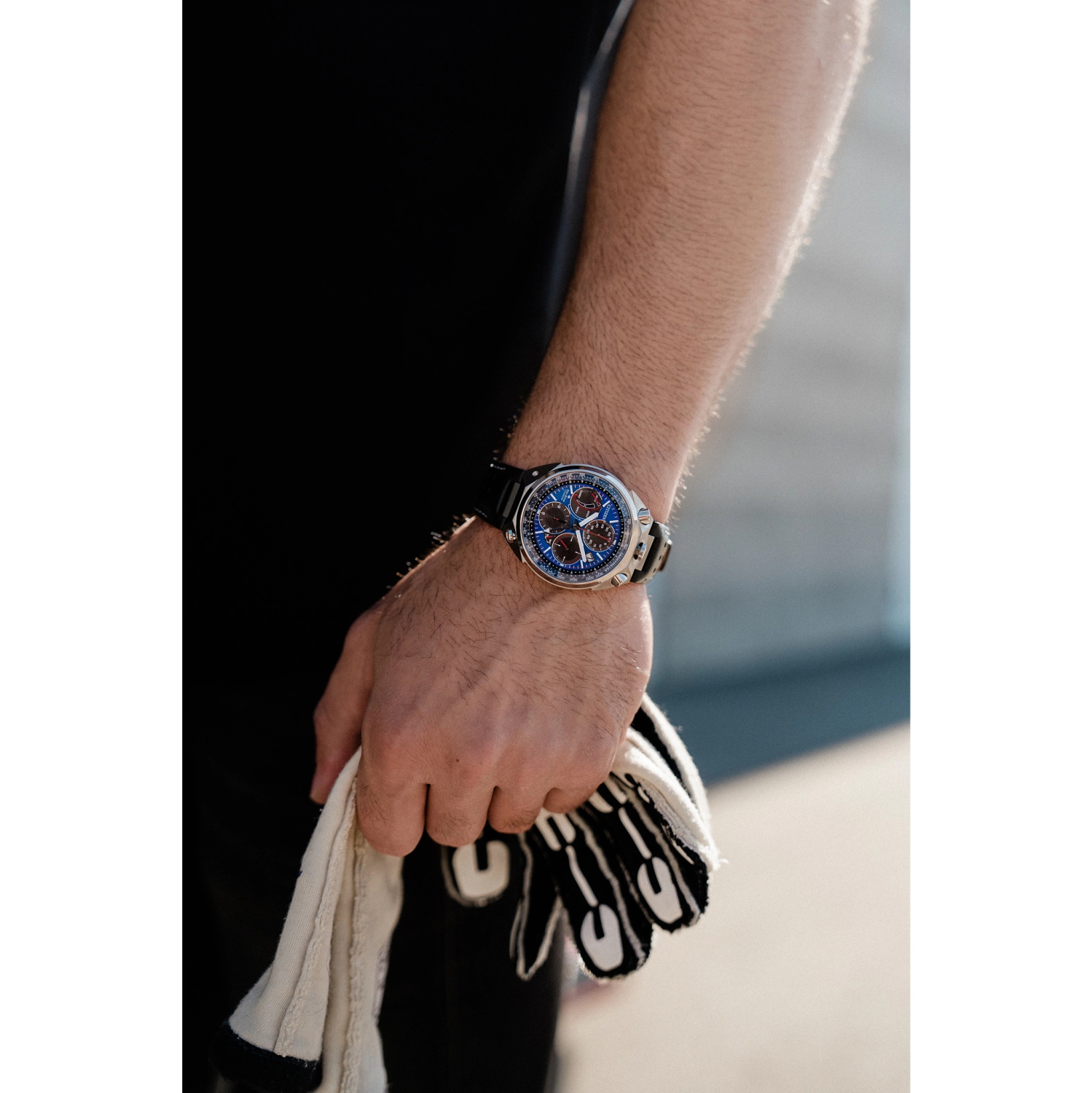 Citizen Mens Promaster Tsuno Chrono Racer Limited Edition Eco-Drive Watch 43.3mm Silver-Tone Super Titanium Case Black Leather Strap with Blue Dial