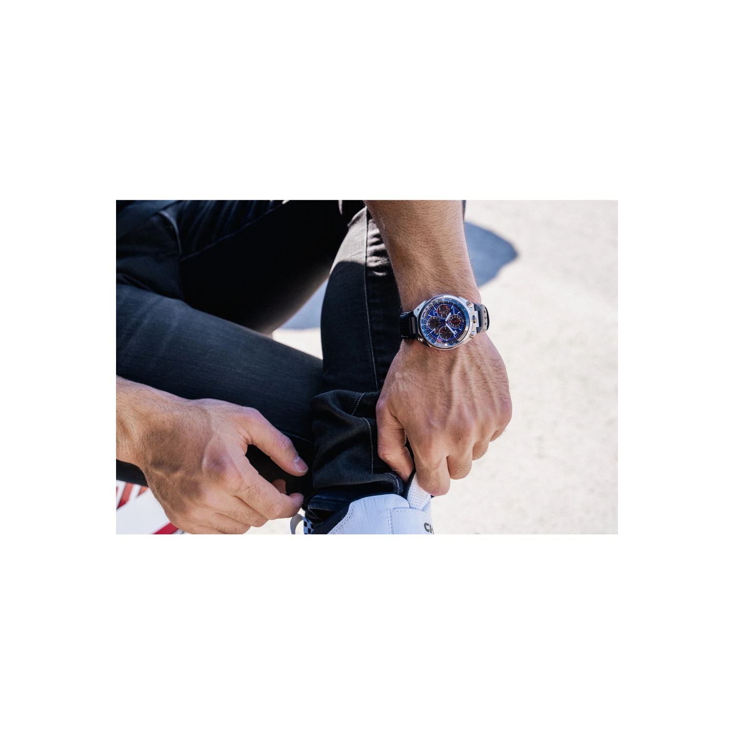 Citizen Mens Promaster Tsuno Chrono Racer Limited Edition Eco-Drive Watch 43.3mm Silver-Tone Super Titanium Case Black Leather Strap with Blue Dial