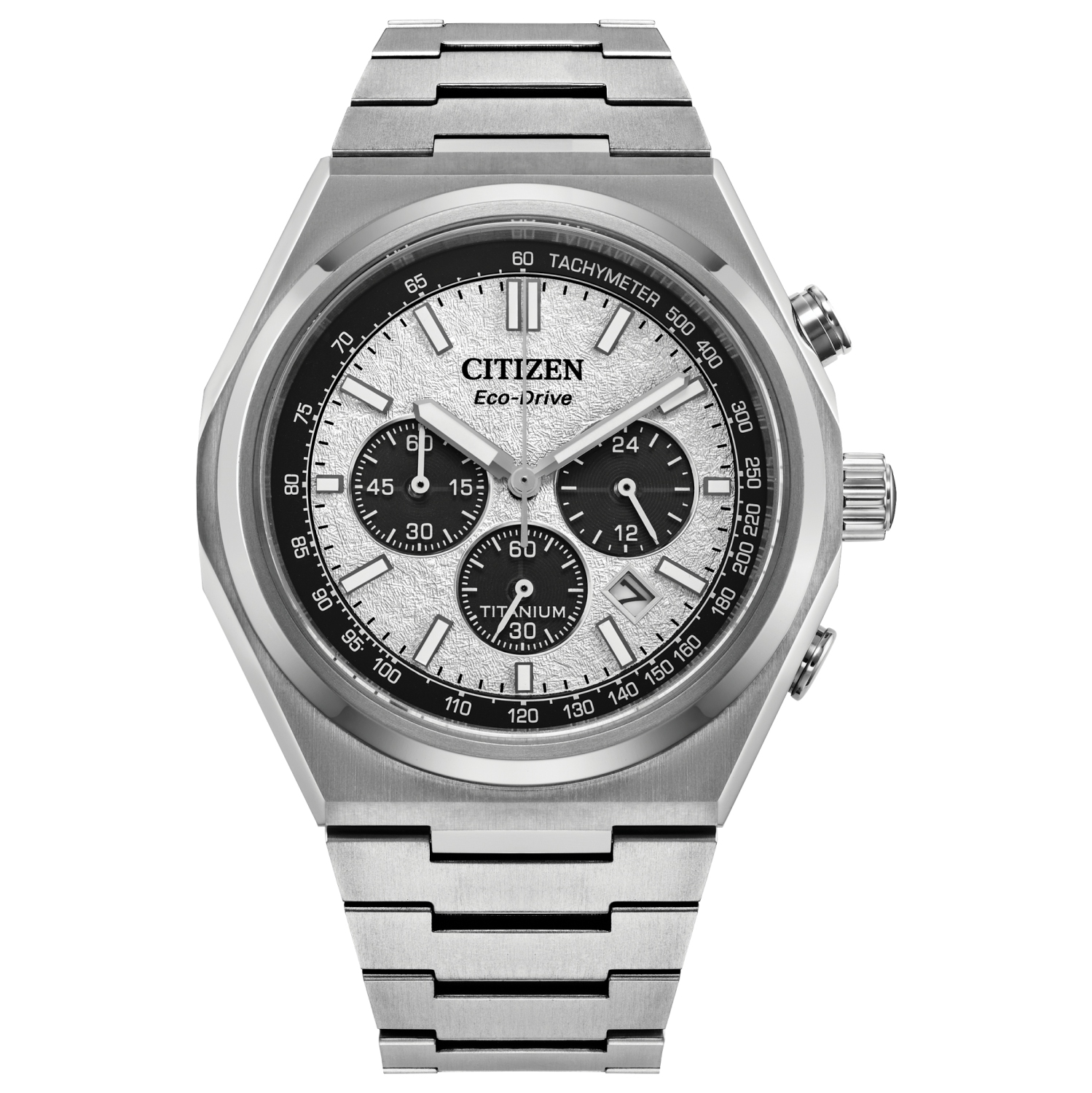 Montre pour hommes Zenshin Chrono Eco-Drive 42,5&nbsp;mm avec boîtier et bracelet en Super Titanium argenté et cadran blanc argenté de Citizen