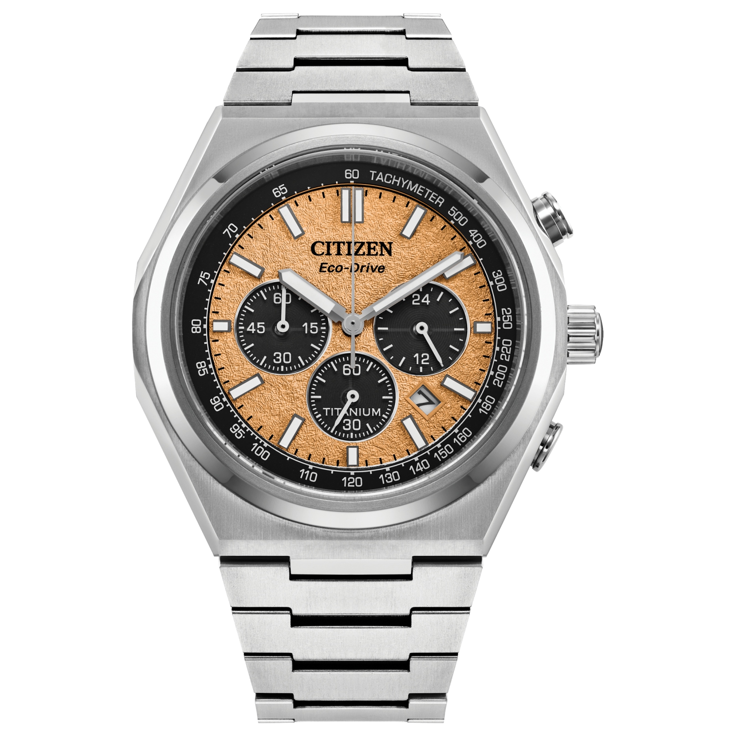 Montre pour hommes Zenshin Chrono Eco-Drive 42,5&nbsp;mm de Citizen, boîtier et bracelet en Super Titanium argenté avec cadran saumon
