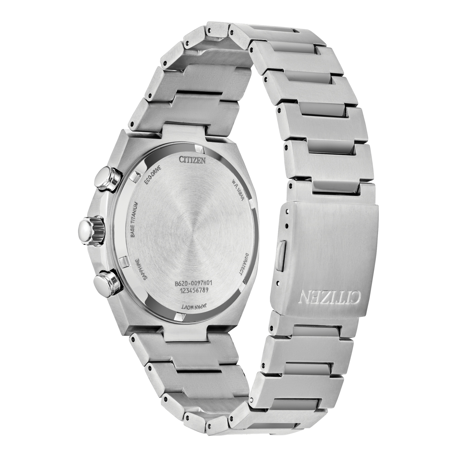 Montre pour hommes Zenshin Chrono Eco-Drive 42,5&nbsp;mm de Citizen, boîtier et bracelet en Super Titanium argenté avec cadran saumon