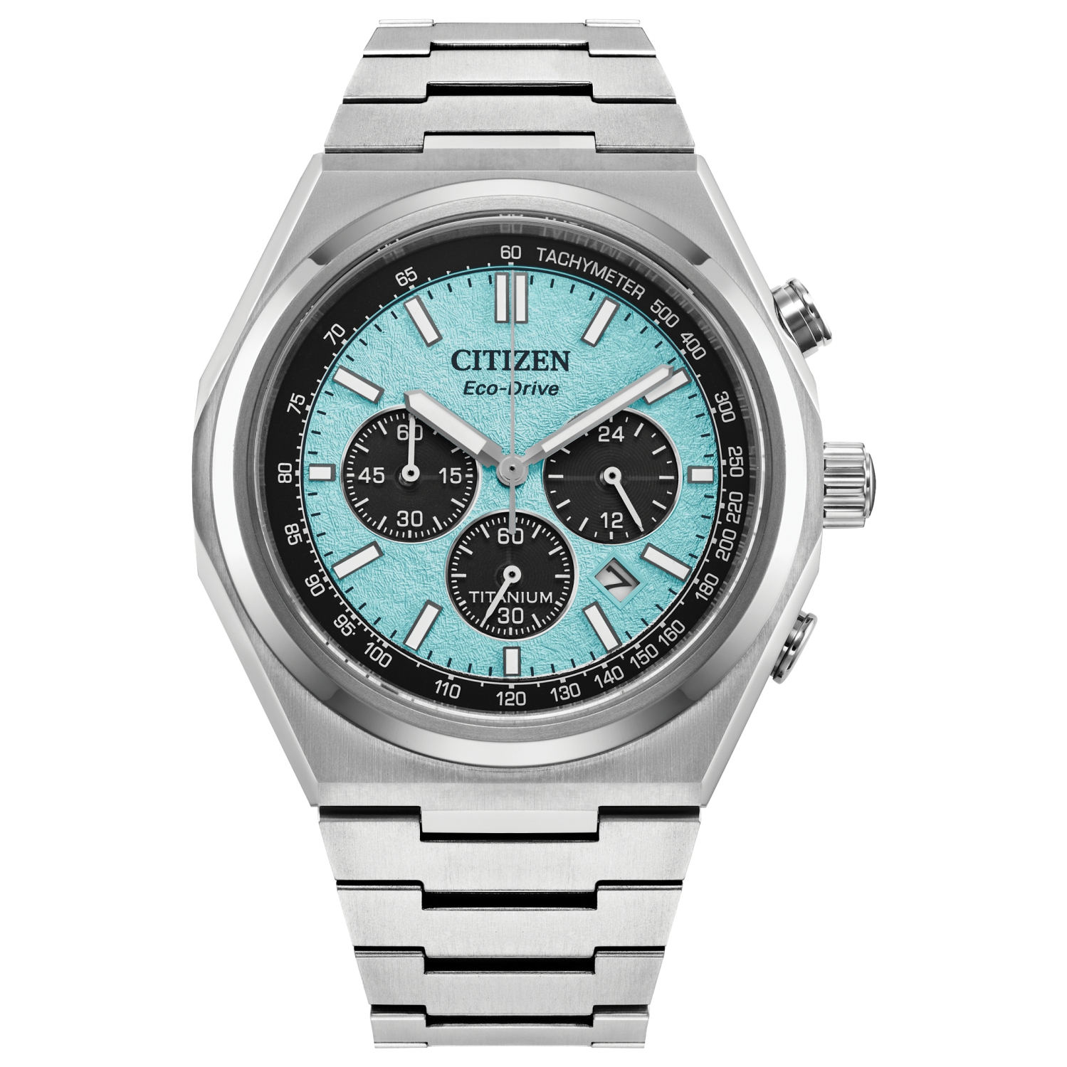 Montre pour hommes Zenshin Chrono Eco-Drive 42,5&nbsp;mm avec boîtier et bracelet en Super Titanium argenté et cadran bleu de Citizen