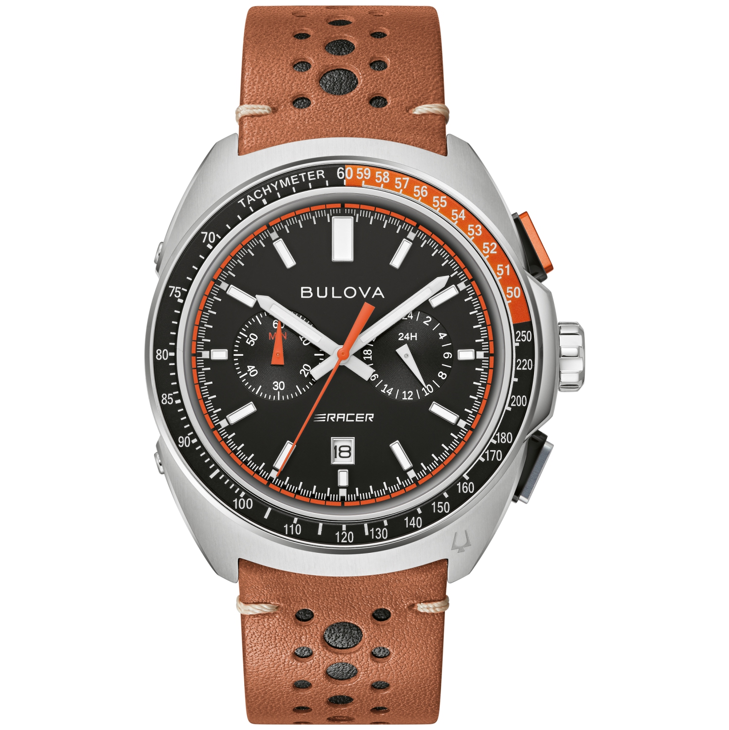 Bulova Mens Racer Chronograph Quartz Watch 42mm Silver-Tone Stainless Steel Case Brown Leather Strap with Black Dial