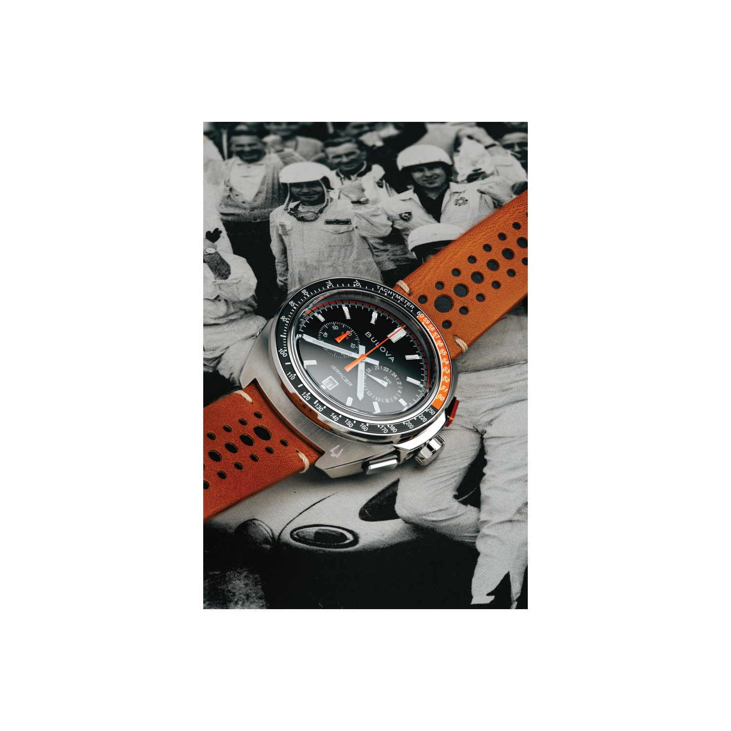 Bulova Mens Racer Chronograph Quartz Watch 42mm Silver-Tone Stainless Steel Case Brown Leather Strap with Black Dial