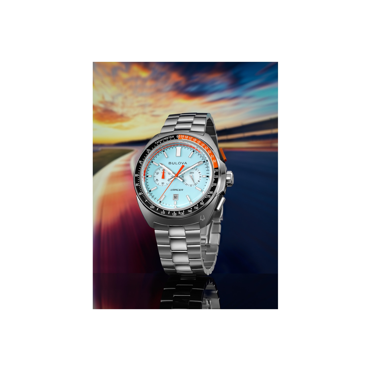 Bulova Mens Racer Chronograph Quartz Watch 42mm Silver-Tone Stainless Steel Case and Bracelet with Blue Dial