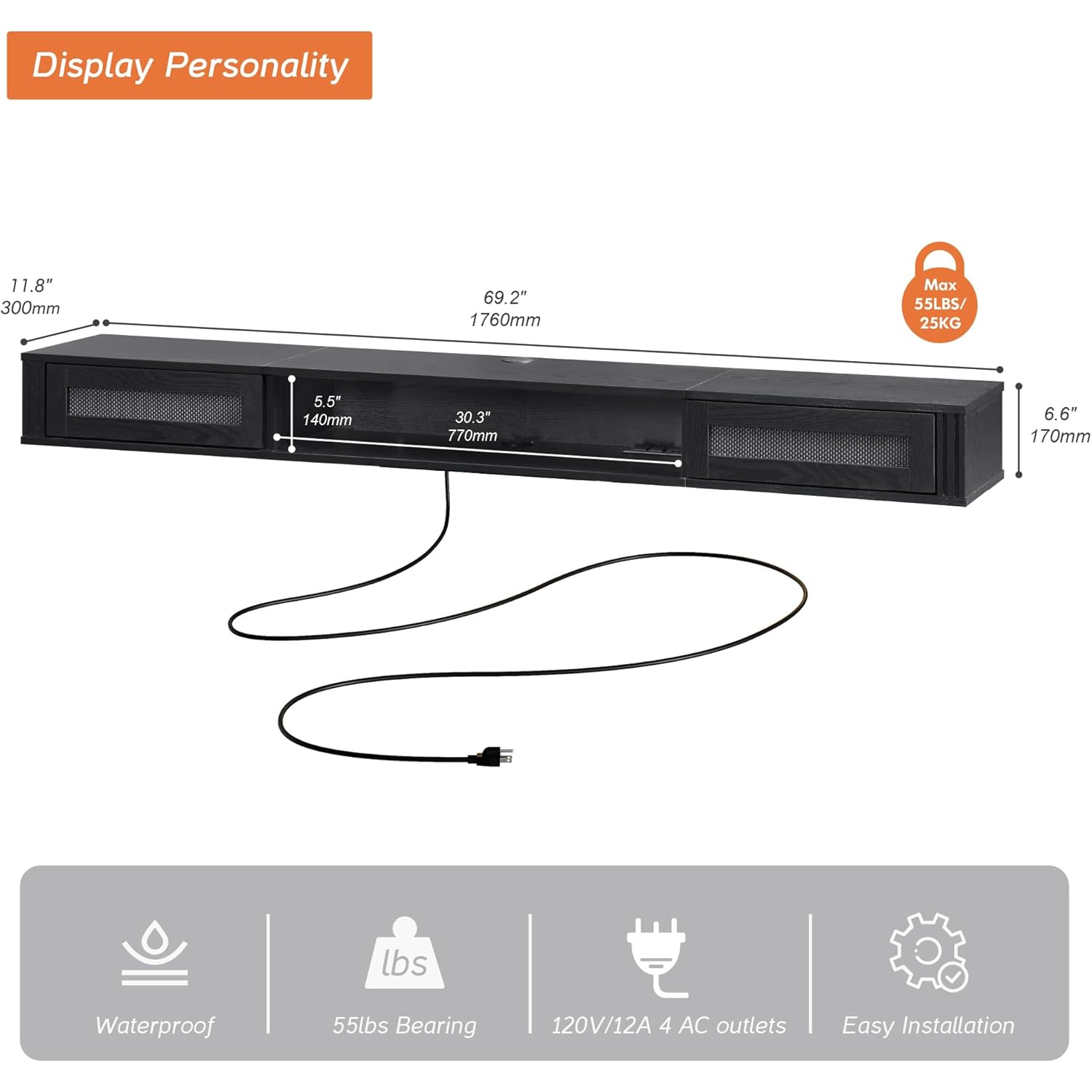 Meuble flottant moderne mi-siècle FITUEYES pour téléviseur avec prise de courant, tablette murale 70&nbsp;po sous le téléviseur, console multimédia