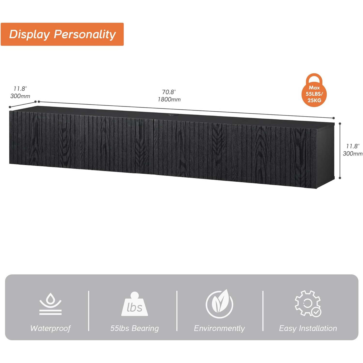 FITUEYES – grande tablette flottante pour téléviseur, meuble multimédia en bois, tablette murale avec 3 portes cannelées pour téléviseurs jusqu’à 80