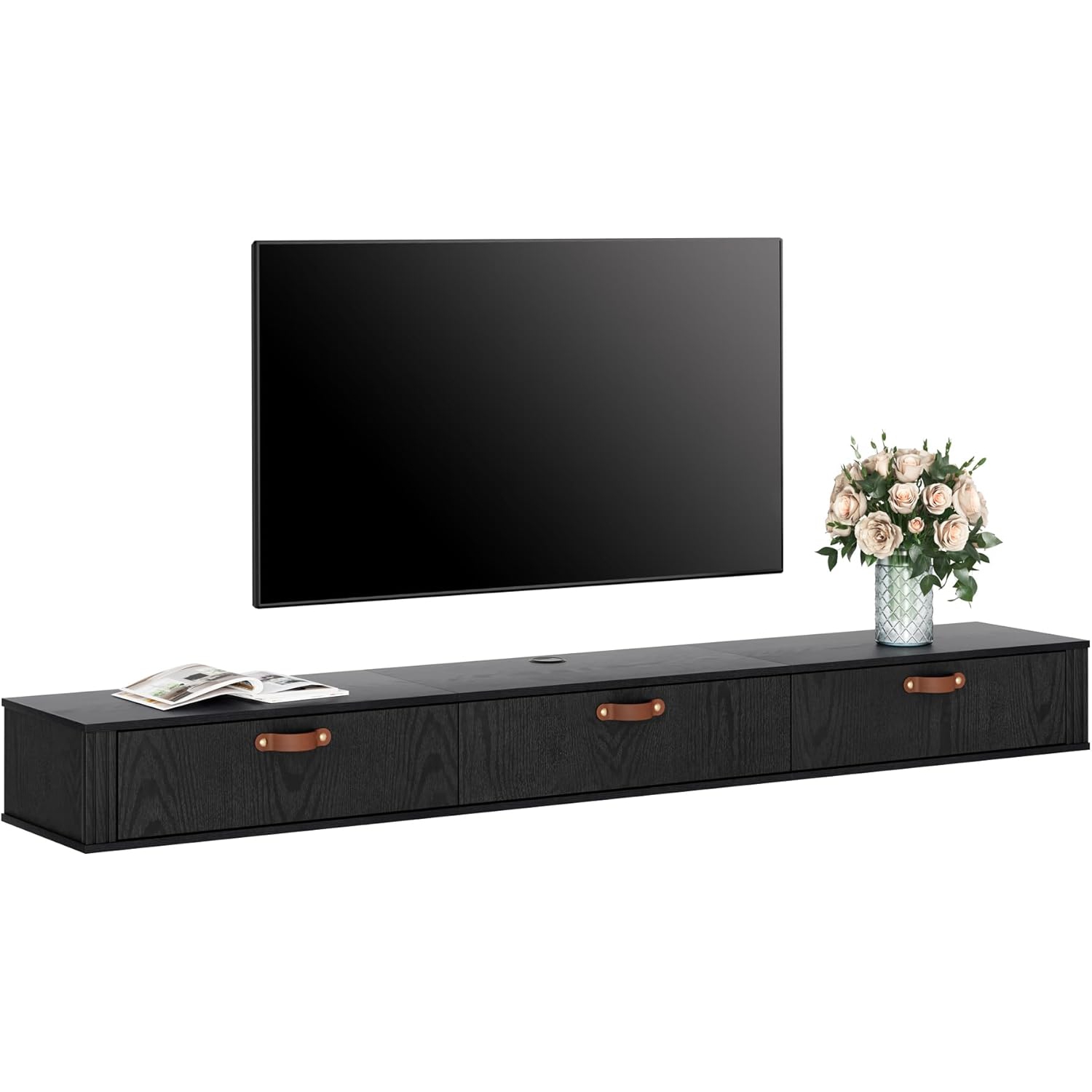 Meuble flottant pour téléviseur noir FITUEYES, meuble multimédia moderne de 70 po avec 3 portes rabattables pour le salon, chambre à coucher