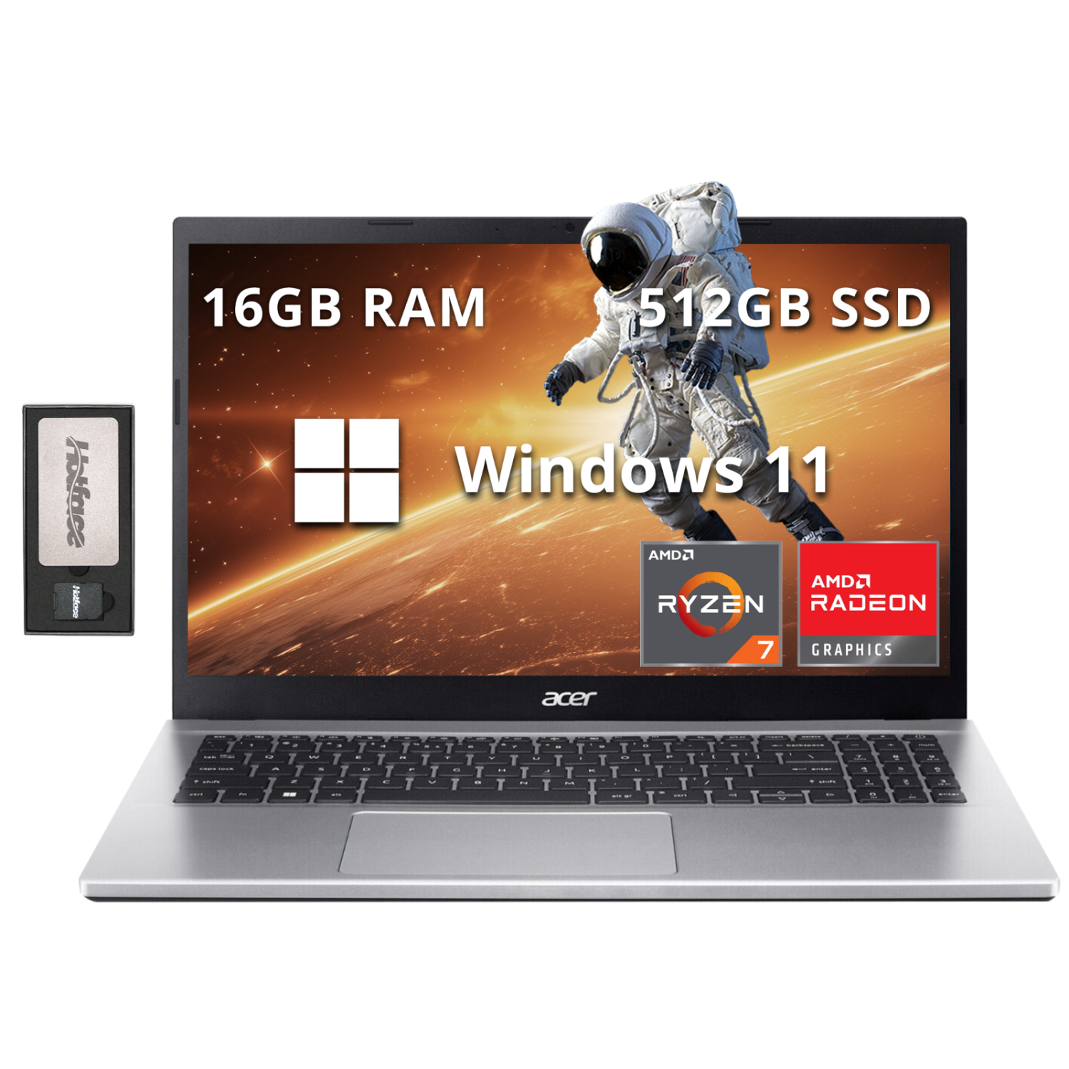 Acer Aspire 3 Laptop, 15.6" FHD Display, AMD Ryzen 7 5700U Processor, 512GB SSD, 16GB RAM, AMD Radeon Graphics, WiFi 6, Pure Silver, Windows 11 Pro, 128GB Docking Station Set