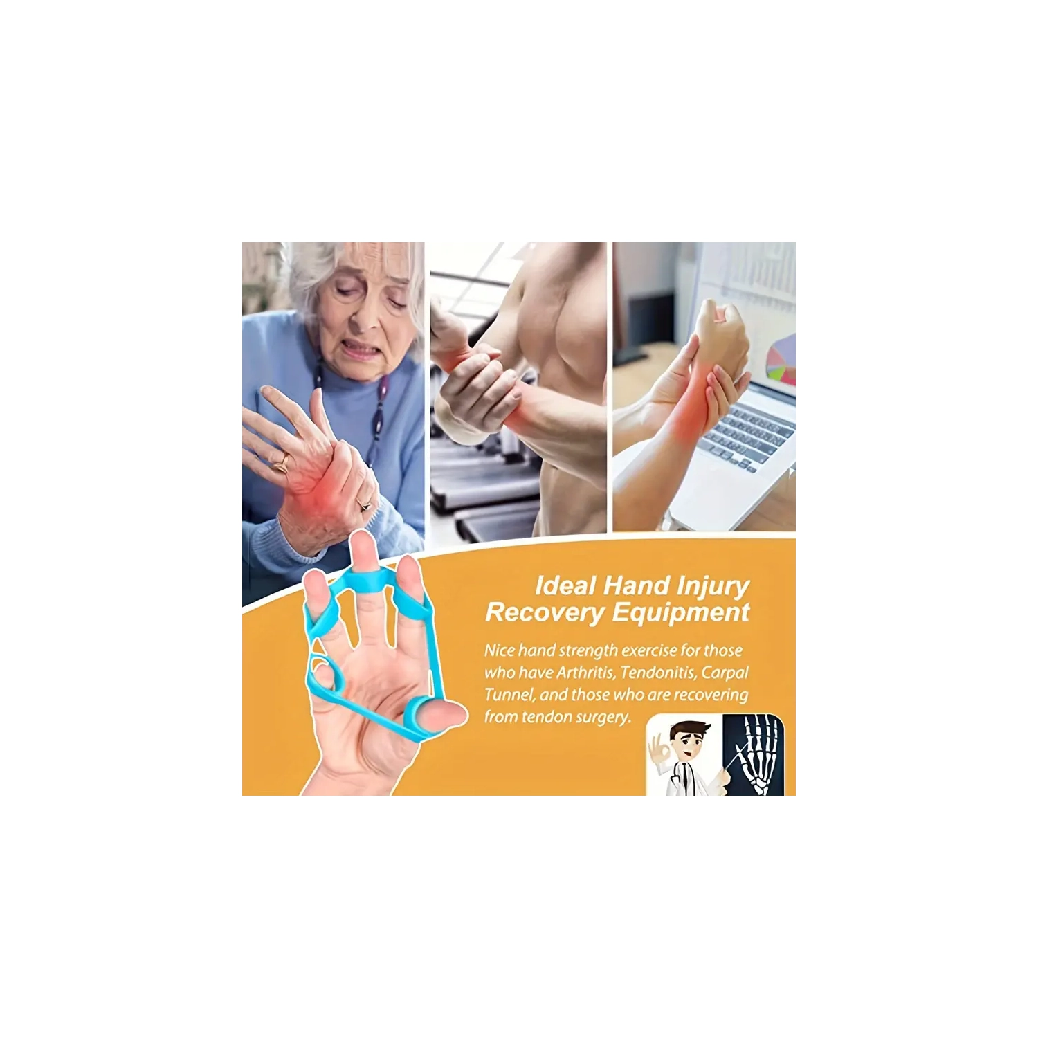 Orange 1pc Finger Trainer Resistance Band - Rubber Grip Strengthener Hand Exerciser