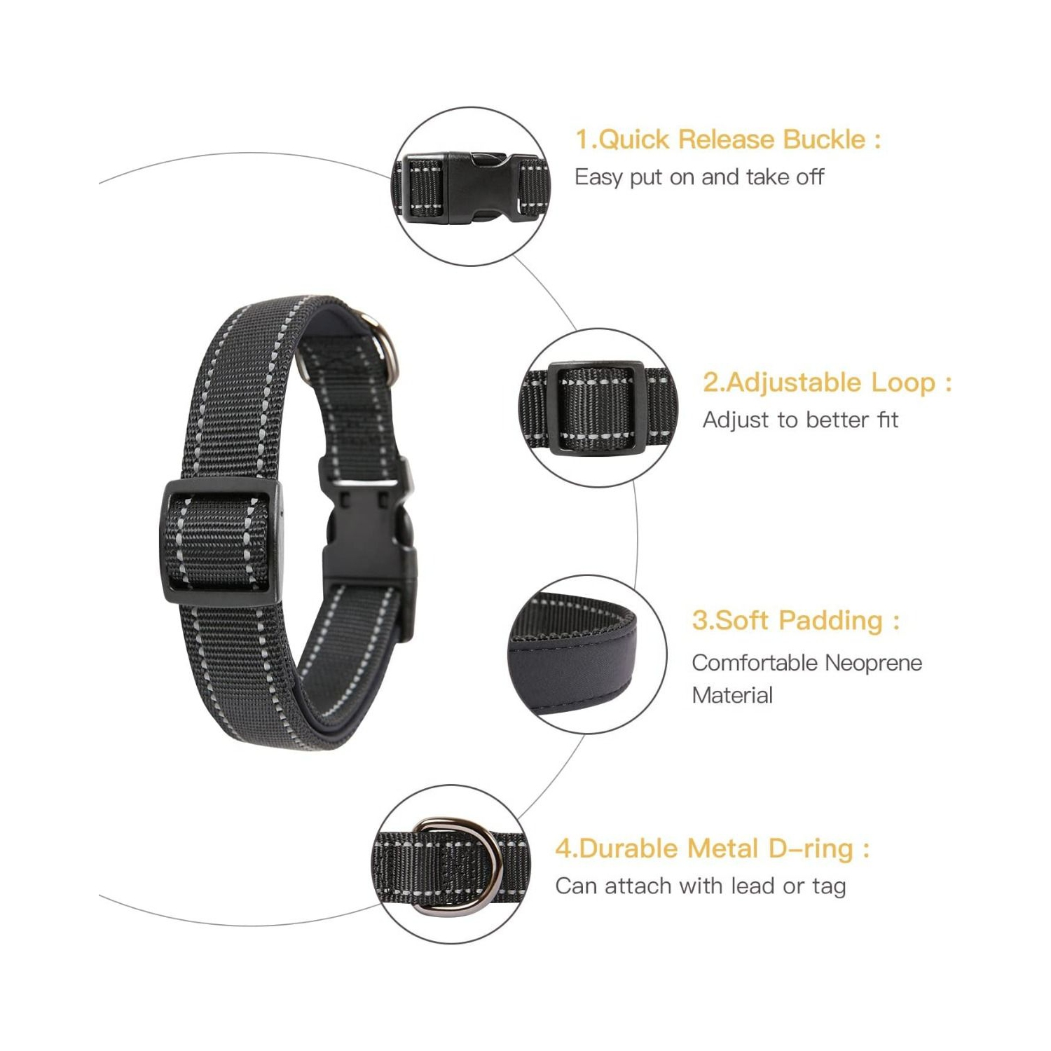 Small Black Padded Pet Collar with Reflective Trim KC-006