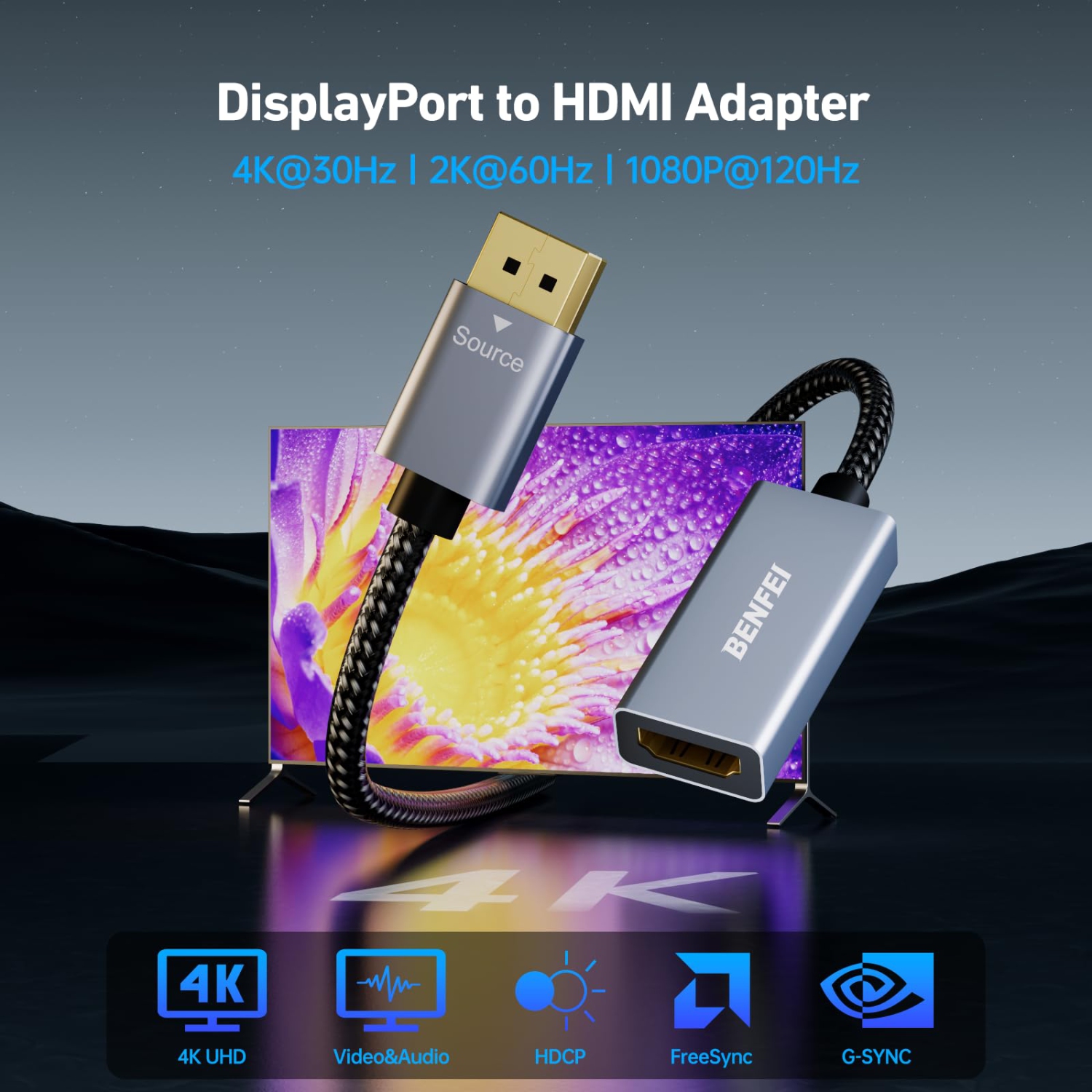 BENFEI – Câble adaptateur 4K DisplayPort vers HDMI, 2K@60&nbsp;Hz, mâle vers femelle pour HP, Dell, GPU