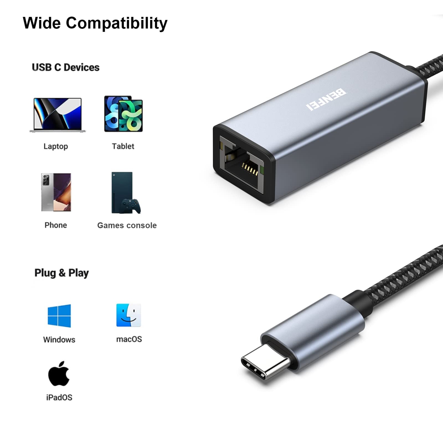 Adaptateur USB-C vers Ethernet BENFEI, USB-C vers adaptateur réseau local Ethernet Gigabit RJ45