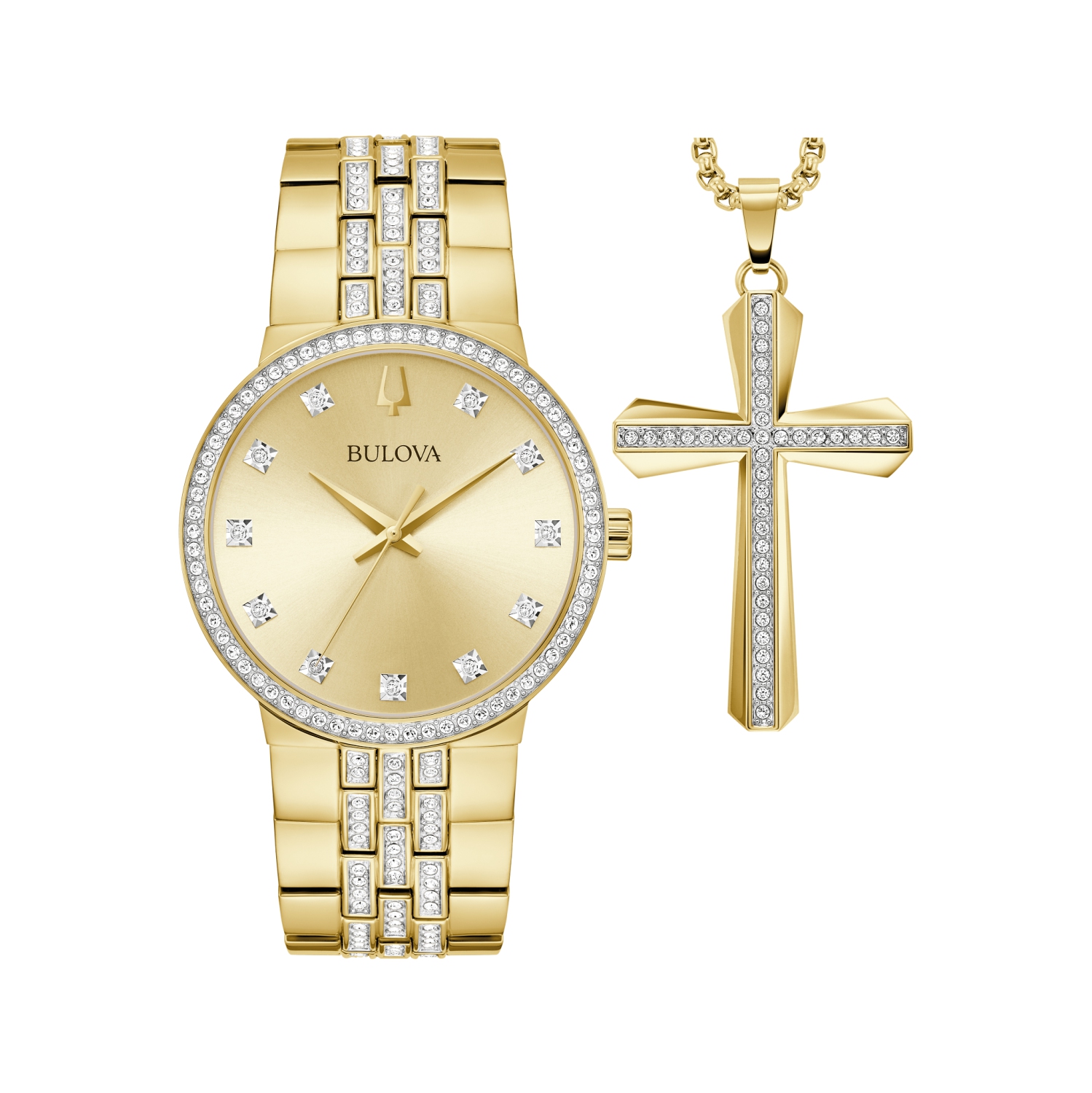 Boîtier et bracelet homme en 40&nbsp;mm acier inoxydable doré à quartz et cadran champagne de Bulova avec collier à pendentif en croix correspondant