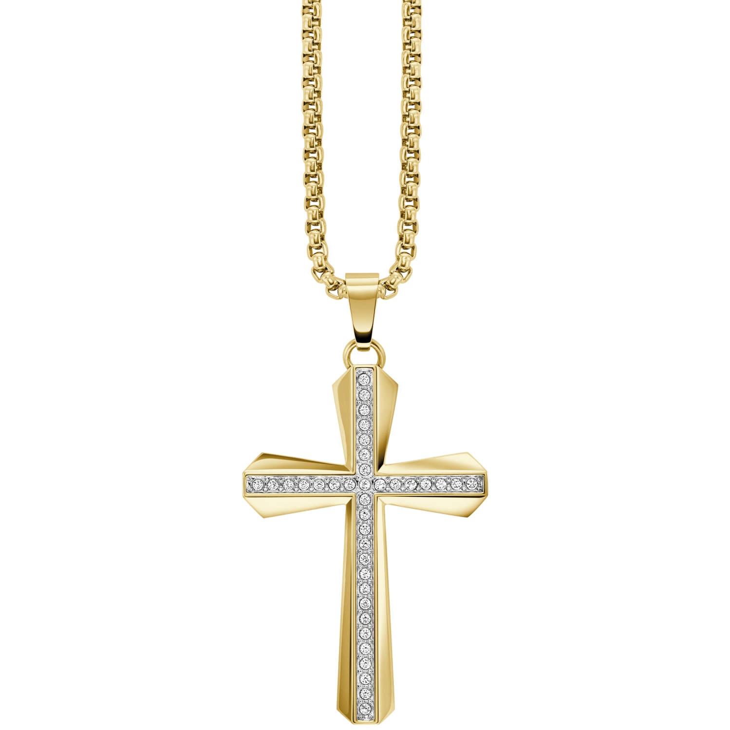 Boîtier et bracelet homme en 40 mm acier inoxydable doré à quartz et cadran champagne de Bulova avec collier à pendentif en croix correspondant