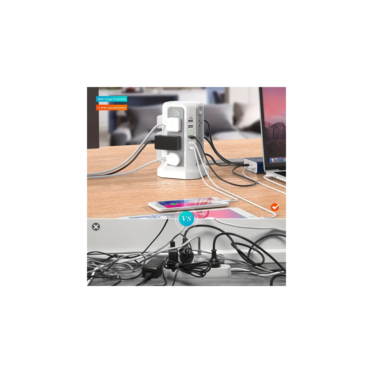 Surge Protector Power Strip Tower with USB-C - 12 AC Outlets, 5 USB Ports, 10FT Extension Cord for Home, Office, Dorm Room