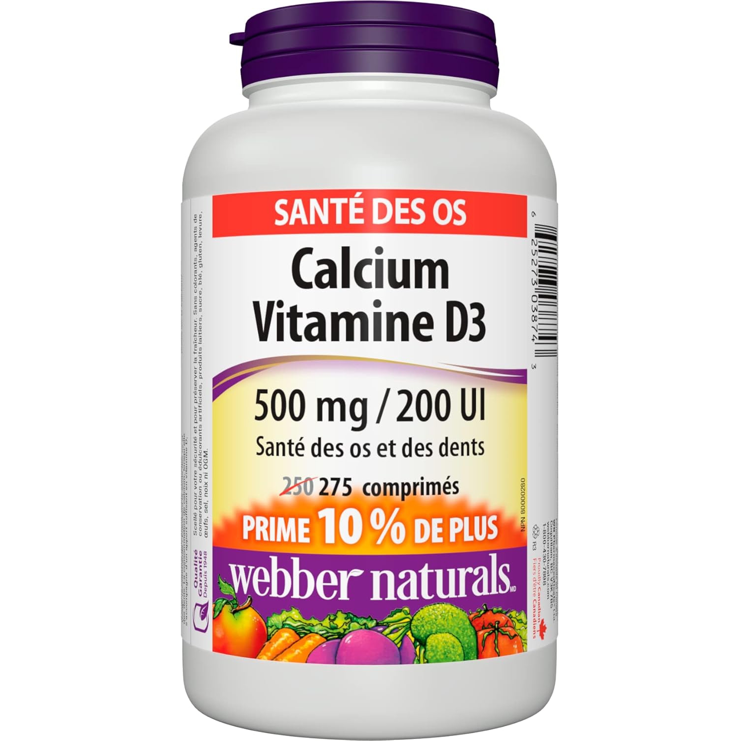 Webber Naturals Calcium Carbonate with Vitamin D3, 275 Tablets, Helps Support Bones and Teeth