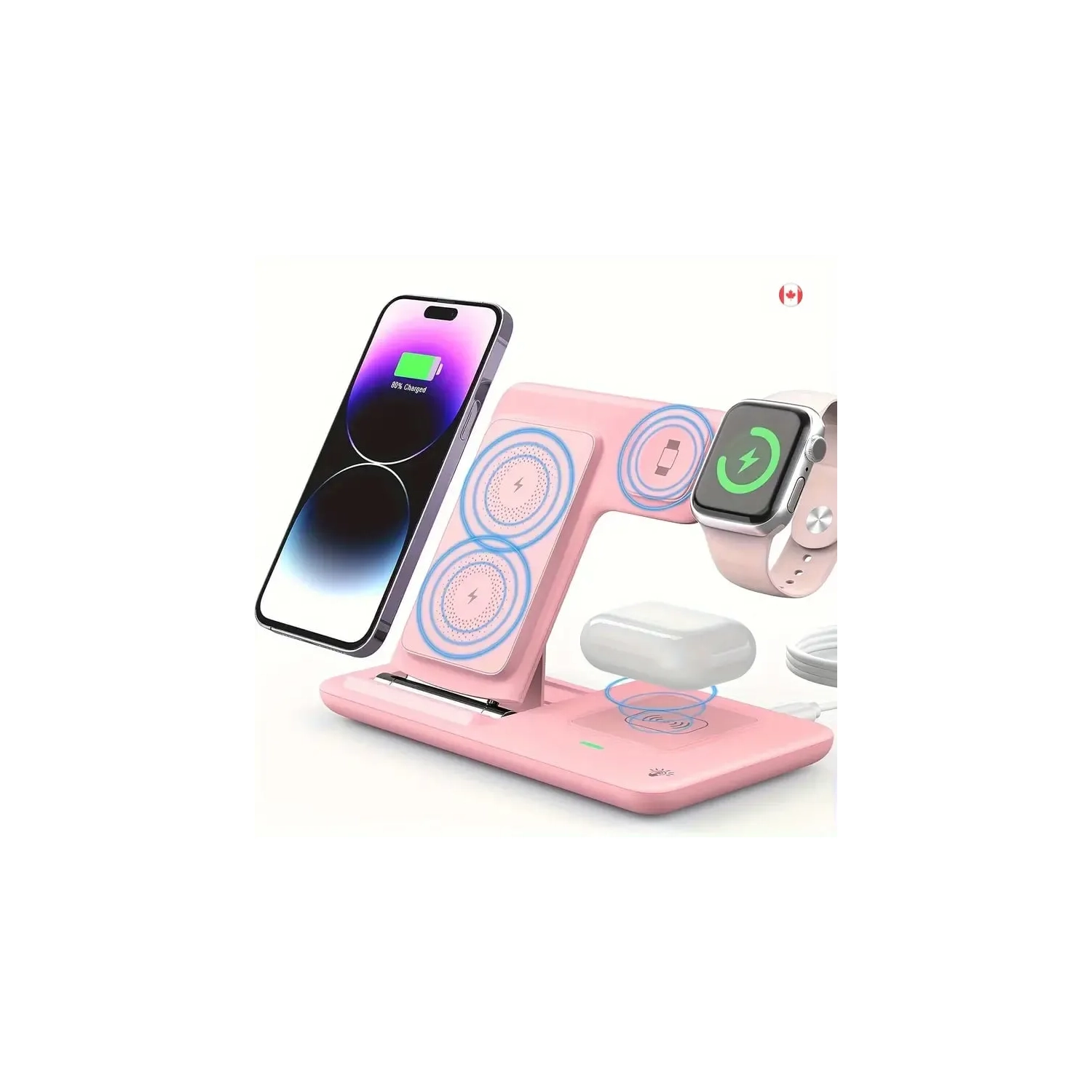 Pink Wireless Charging Station, 3-in-1 Folding Mobile Phone Wireless Charger Bracket, Suitable for iPhone 15, 14, 13, 12, 11/Pro/Max/Mini/Plus, X, XR, XS/Max, SE, 8/Plus, Suitable